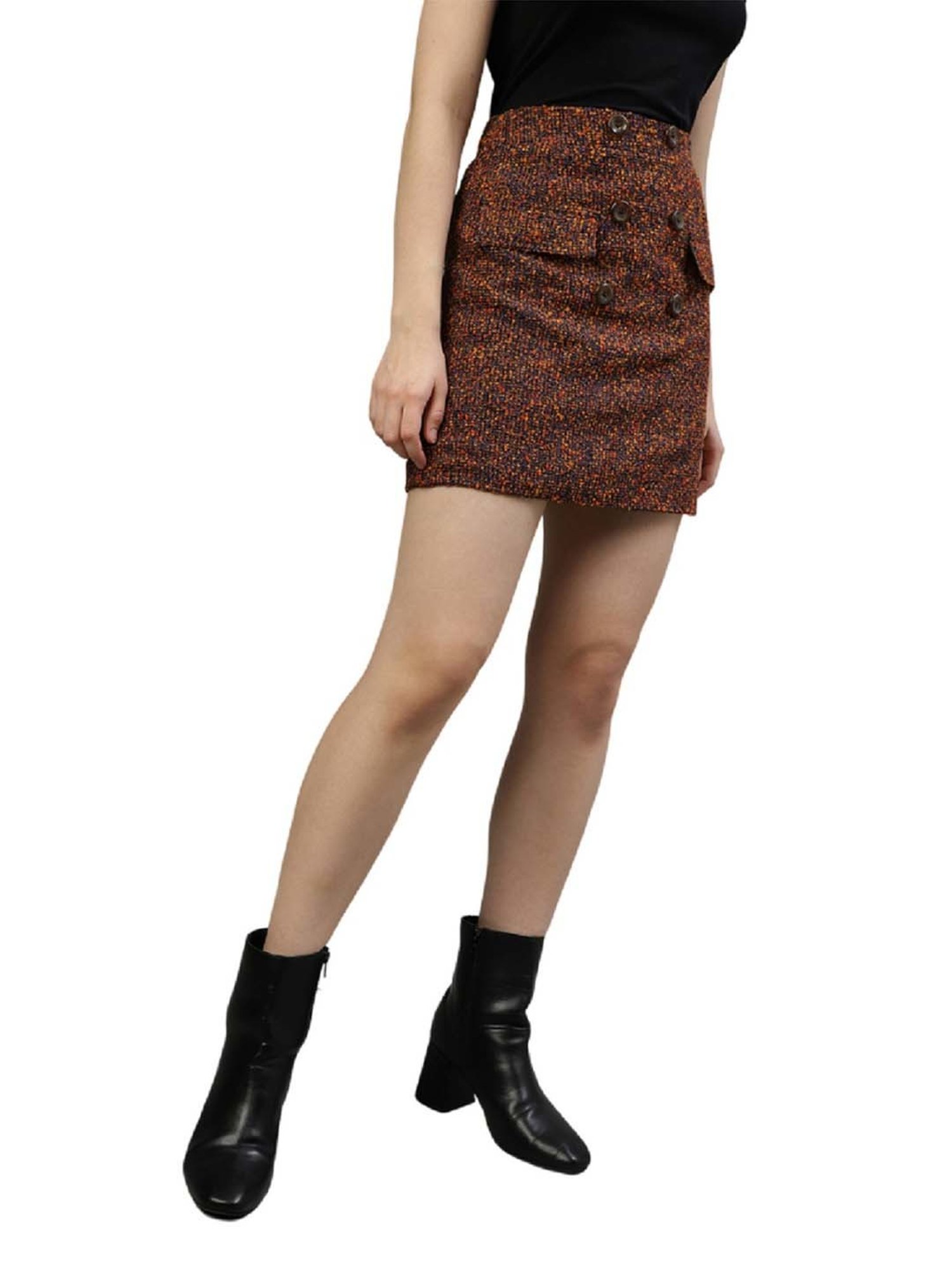 Elle Brown Self Pattern Bodycon Skirt