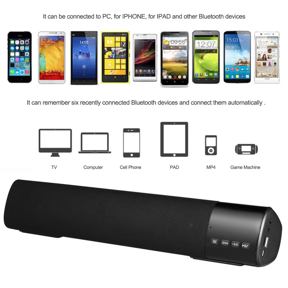 Wireless Bluetooth Speaker Stereo Music Player Soundbar FM Radio TF Card Slot Hands-free LED Display U Disk AUX-IN Black