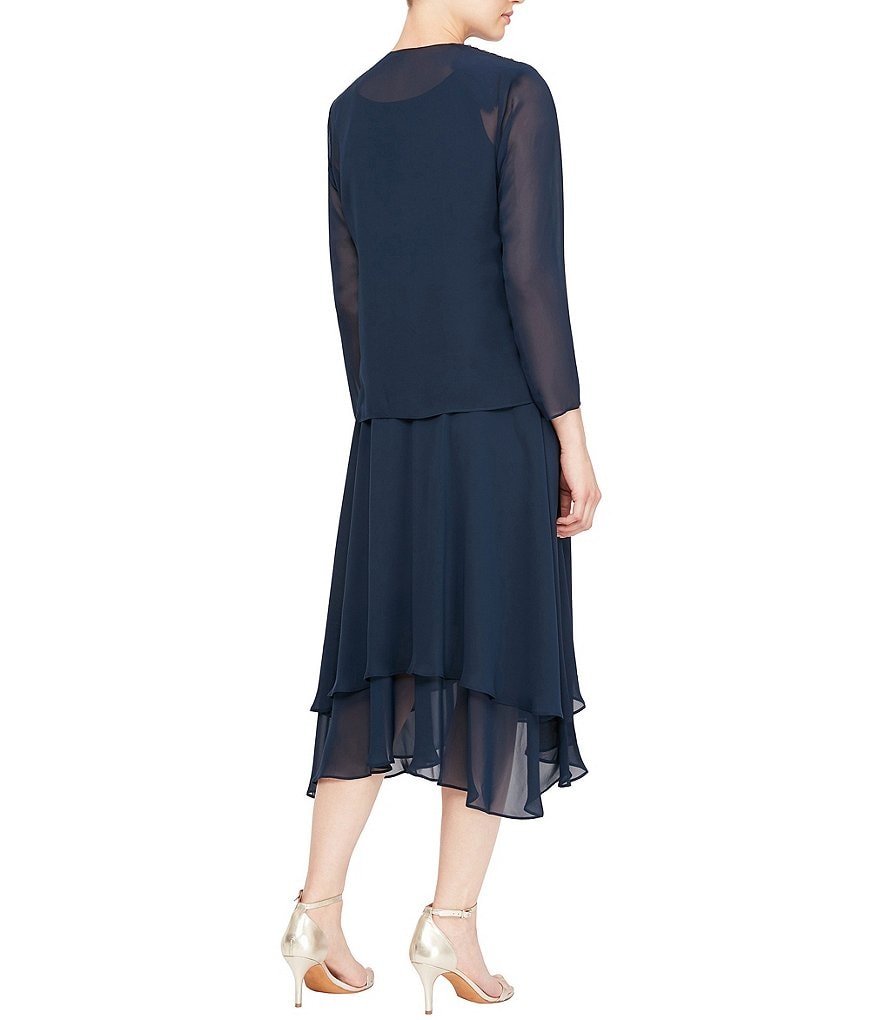 Ignite Evenings Petite Size Scoop Neck Long Sleeve Sequined Shoulder Midi Length 2-Piece Jacket Dress