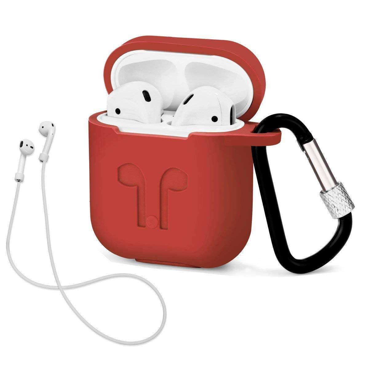 LIKDAY AirPods Case with Strap Protective Silicone Cover with Carabiner for Apple Airpods Accessories ( Red )