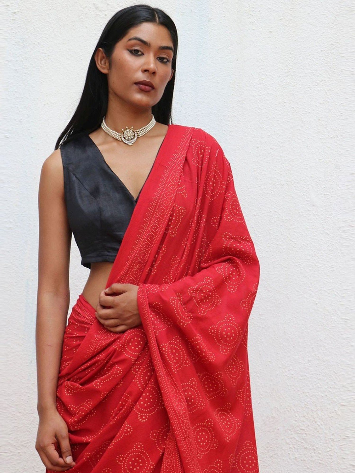 Chidiyaa Red Fly Me to the Moon Colossus Handblockprinted Cotton Saree