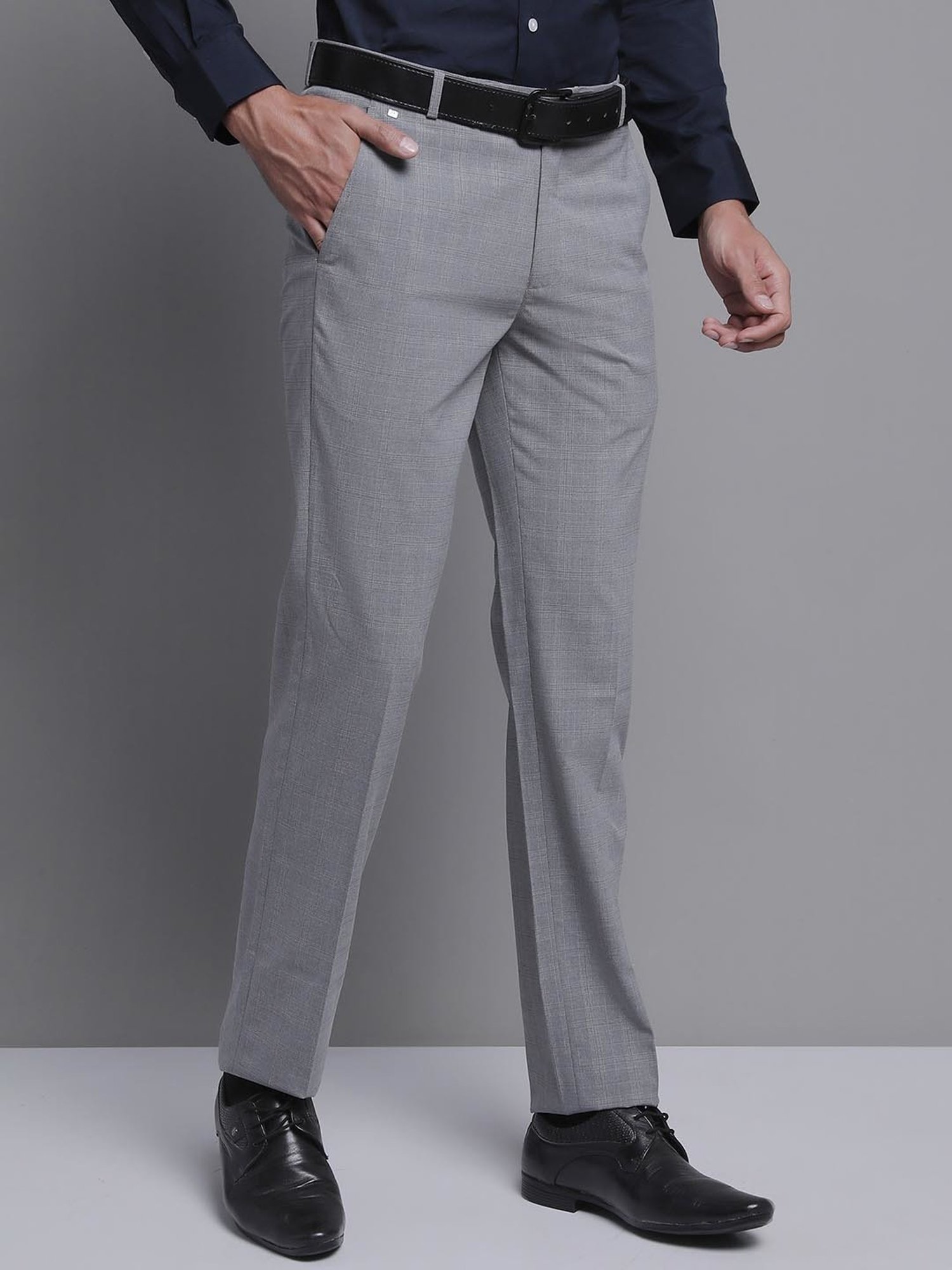 Cantabil Grey Regular Fit Check Flat Front Trousers