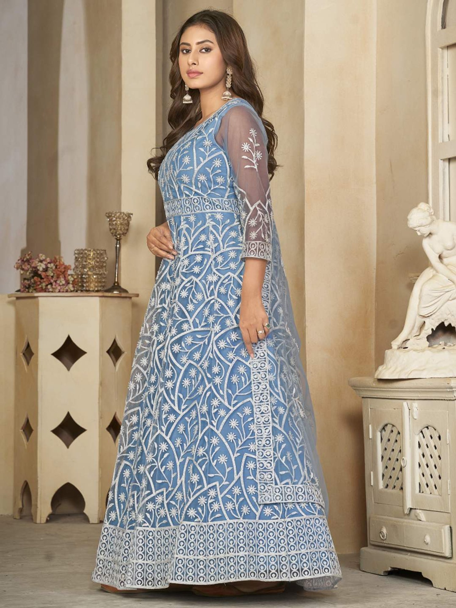 Warthy Ent Blue Embroidered Unstitched Dress Material