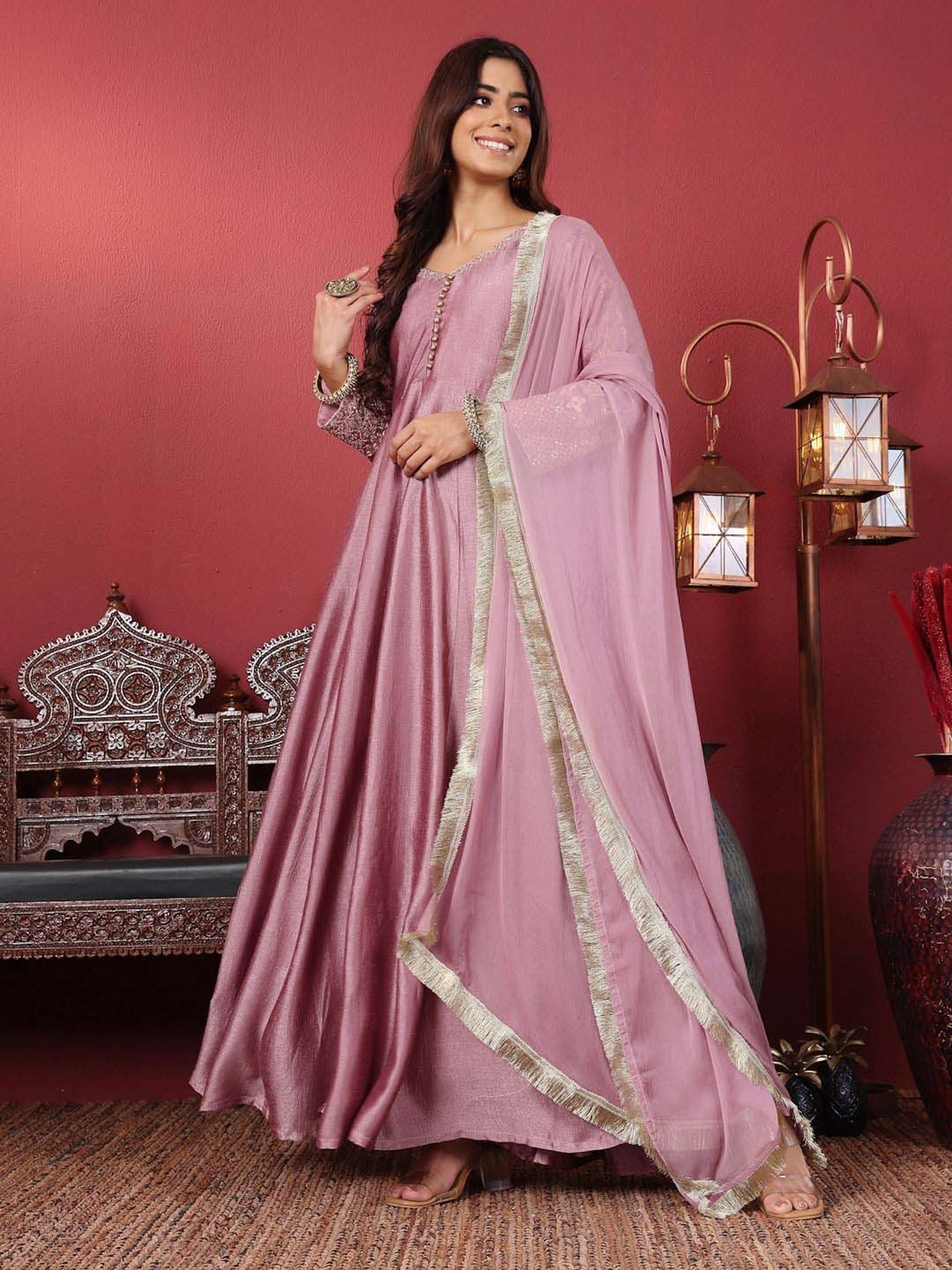 Varanga Mauve Embroidered Anarkali Kurta with Dupatta