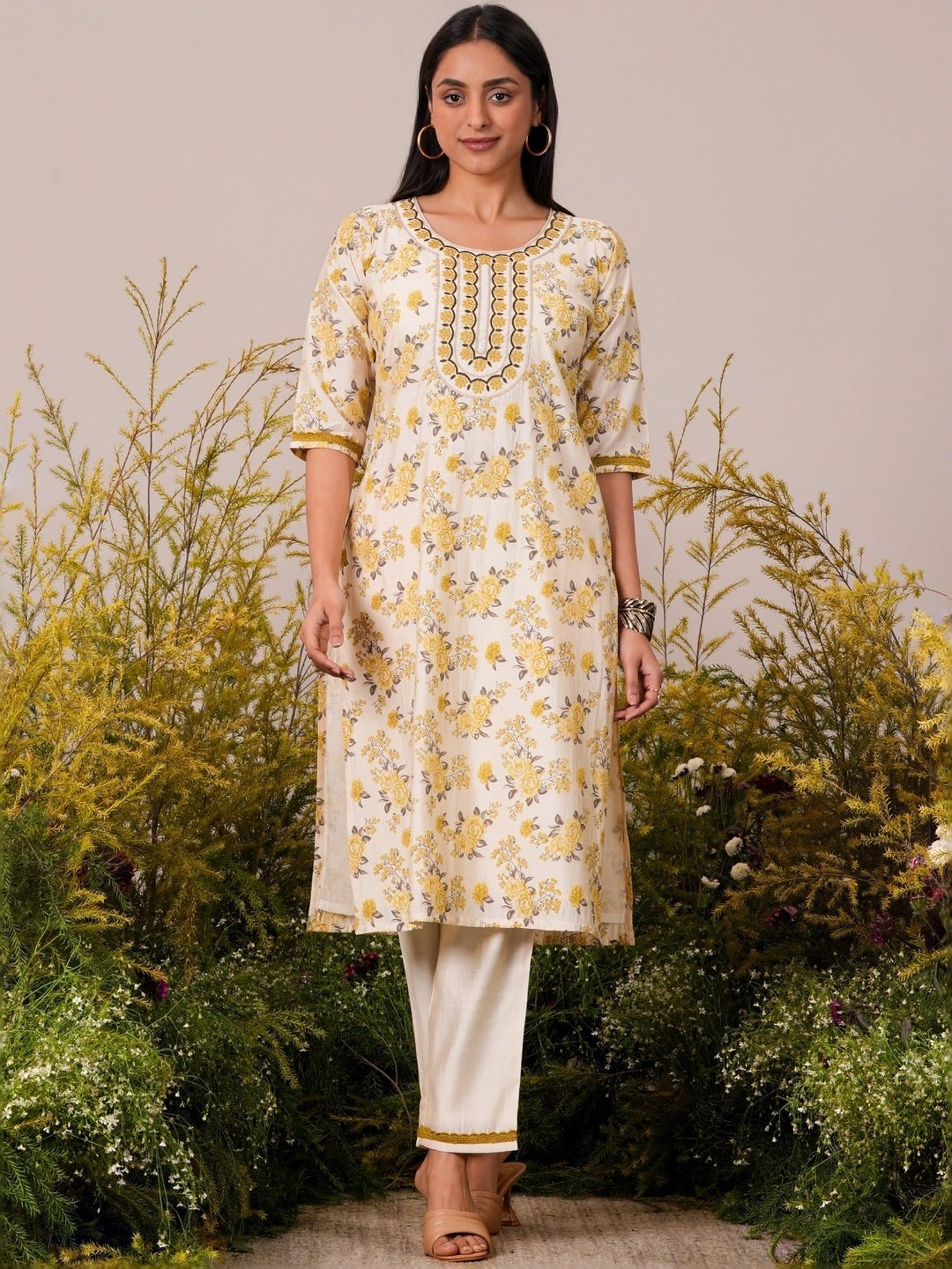 Libas Beige Printed Kurta Palazzo Set