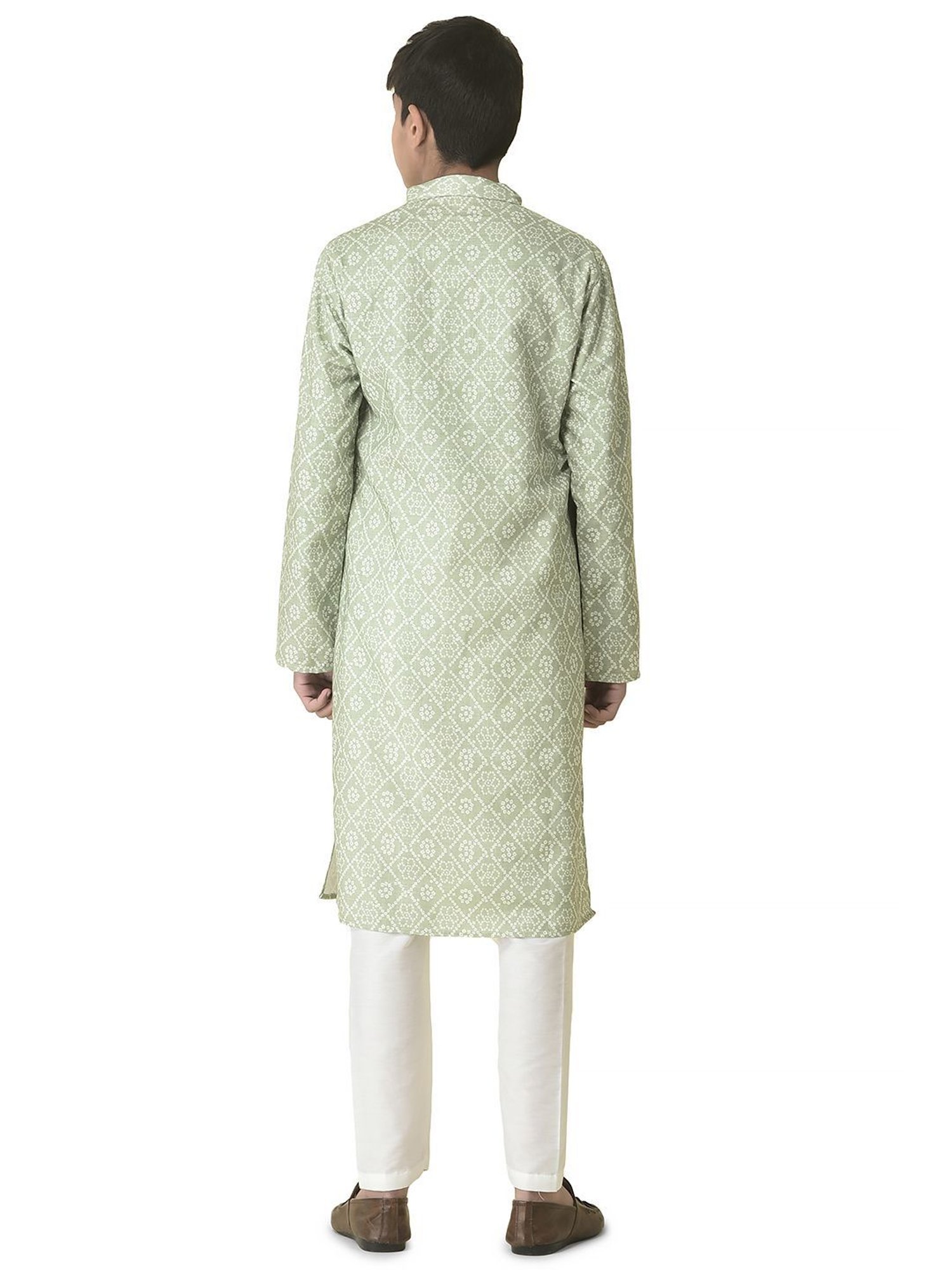TABARD Kids Green & White Printed Full Sleeves Kurta with Churidar