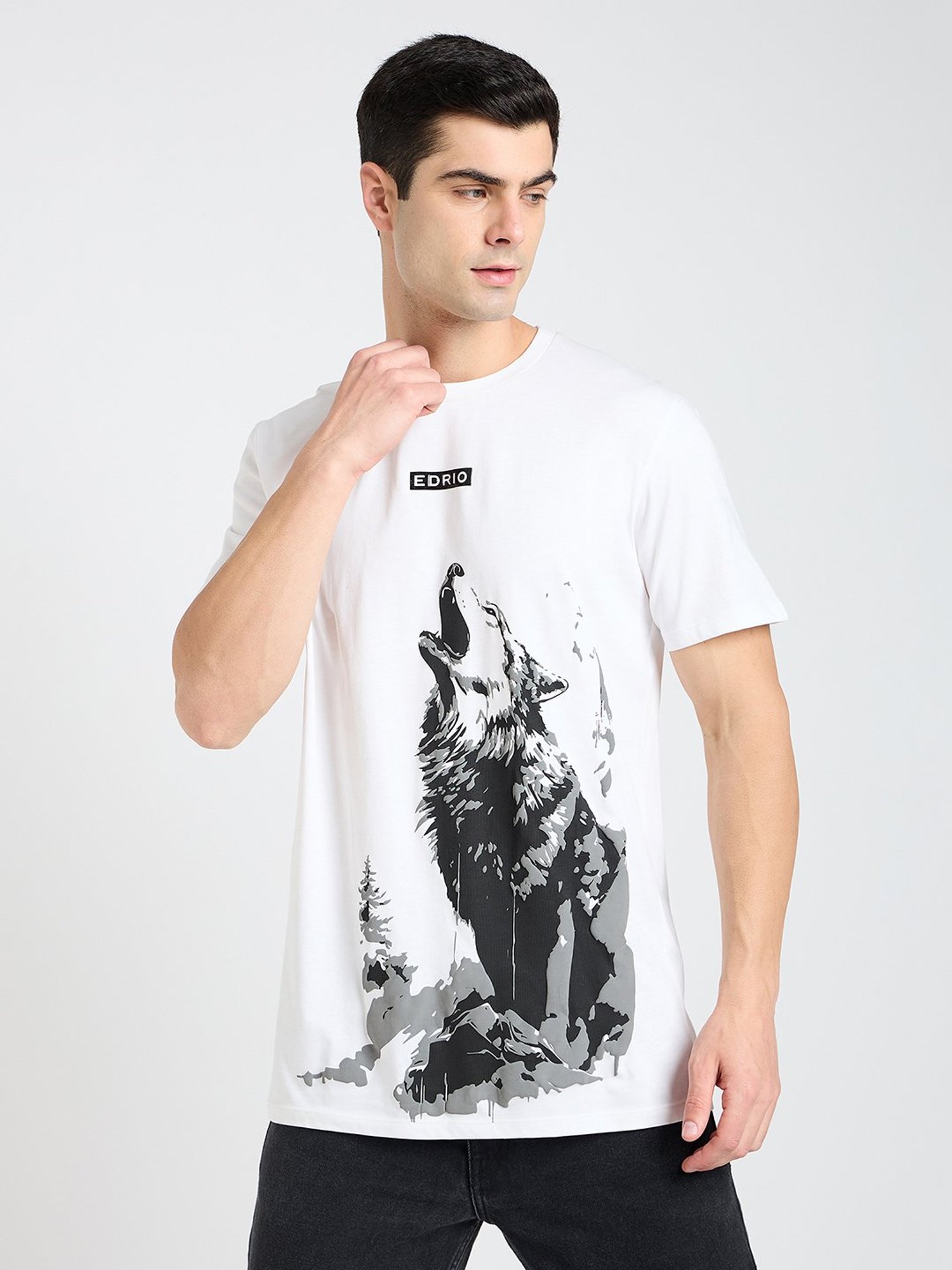 EDRIO White Regular Fit Graphic Print Crew T-Shirt