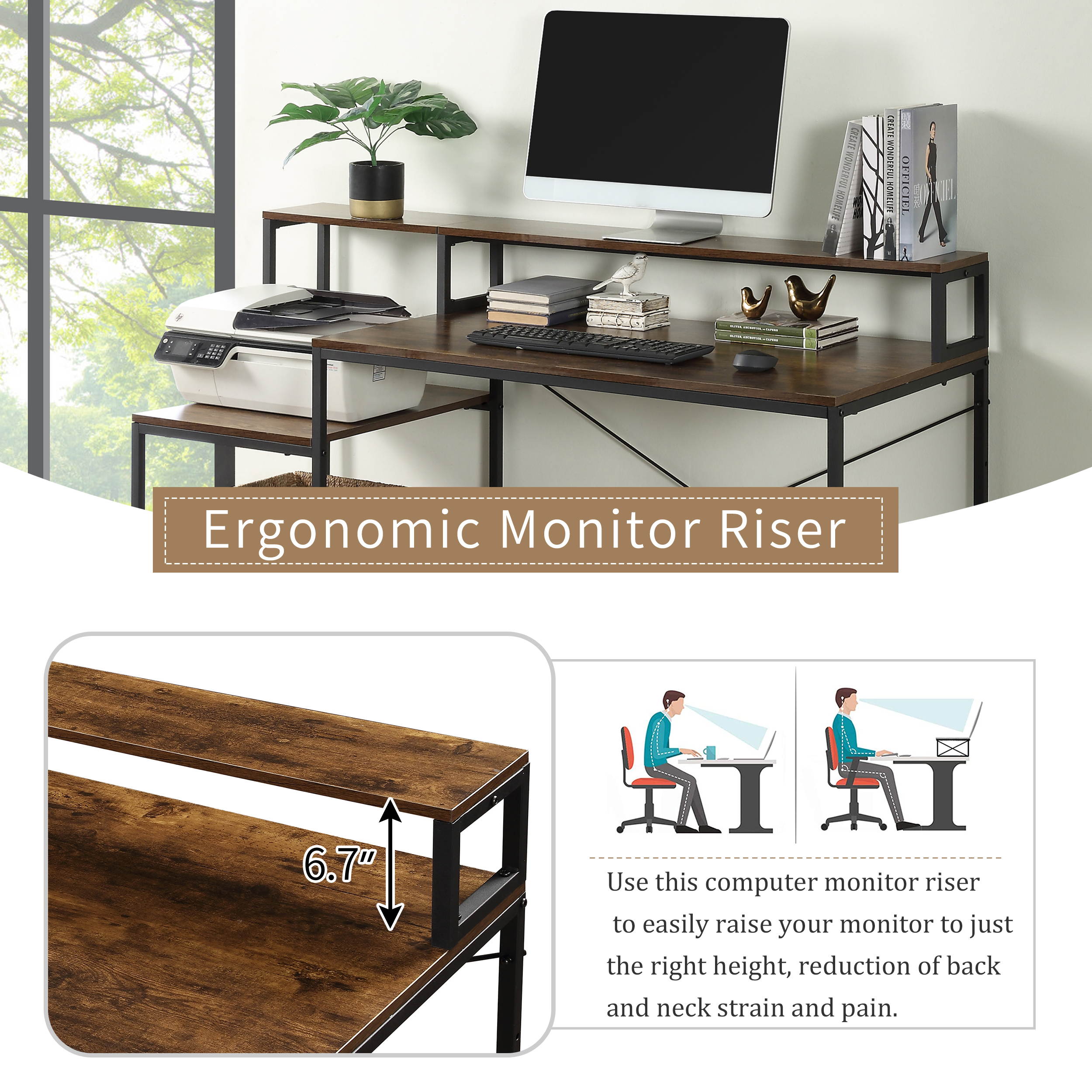 59" Home Office Computer Desk Study Writing Desk Computer Table Gaming Desk with Storage Shelves and Monitor Stand Riser Shelf Brown