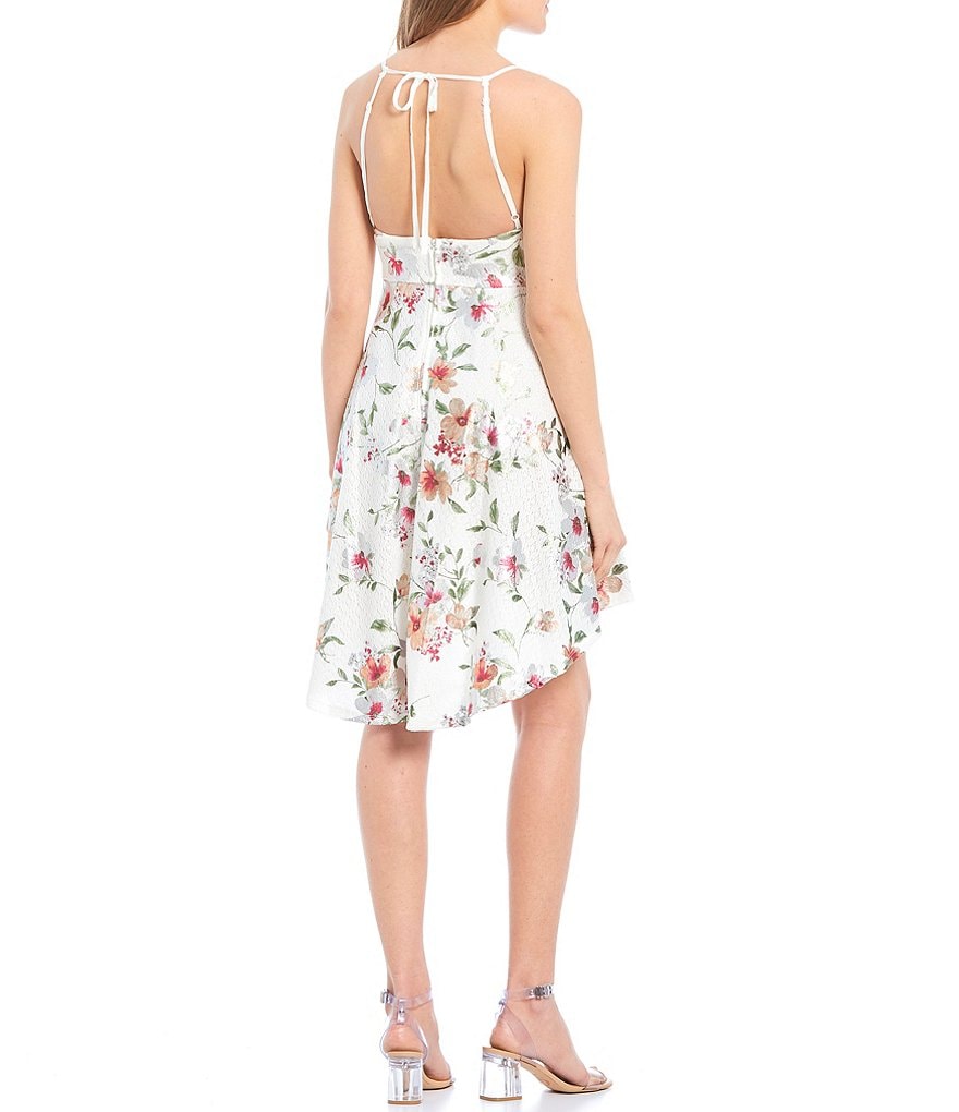 B. Darlin Tie-Neck Foiled Floral Print High-Low Dress