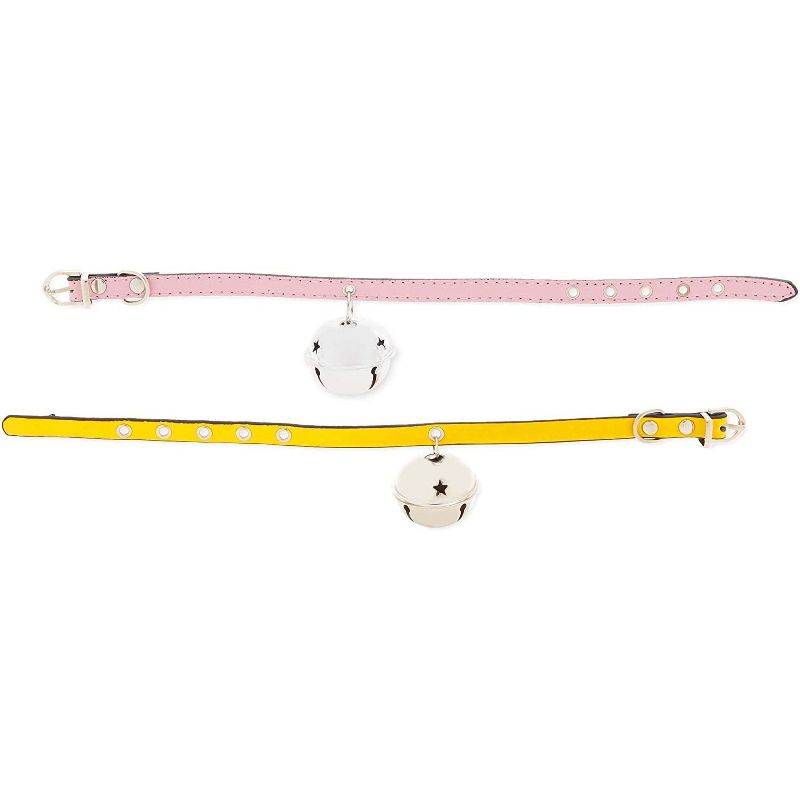 Okuna Outpost 2 Pack Adjustable Cat Collars with Bells, Pink and Yellow PU Leather (12.8 x 0.35 in)