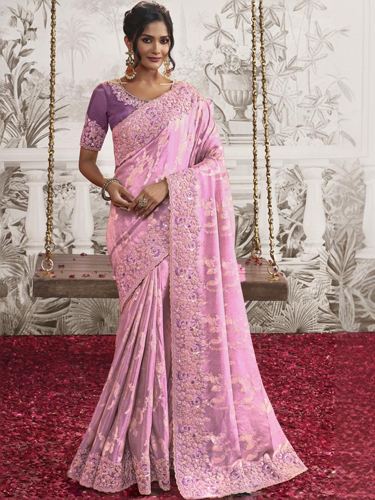 Satrani Pink Embroidered Saree With Unstitched Blouse