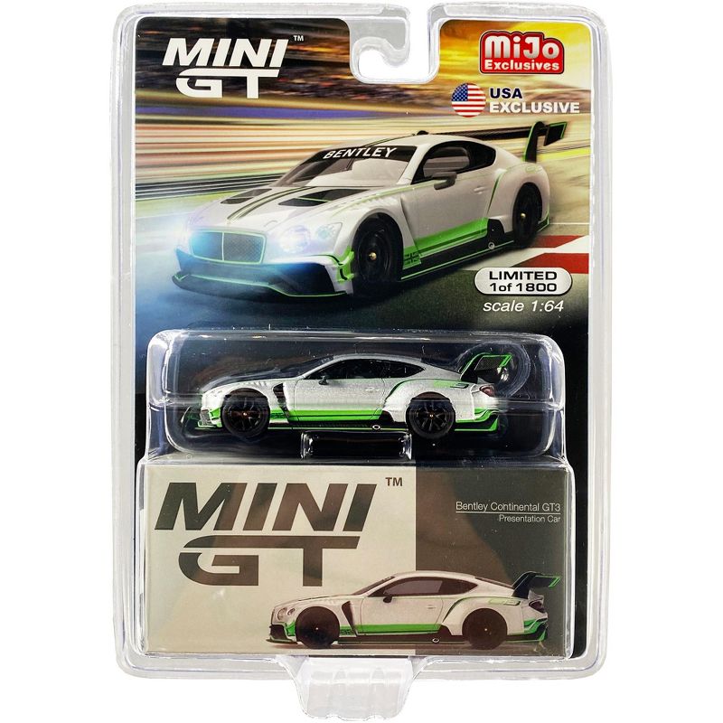 Bentley Continental GT3 (RHD) Presentation Car (2018) Silver with Green Stripes Ltd Ed 1800 pcs 1/64 Diecast Model Car by TSM