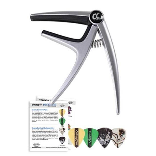 chromacast ccgcp6silkit six string single handed quick change capo for acoustic and electric guitars with pick sampler