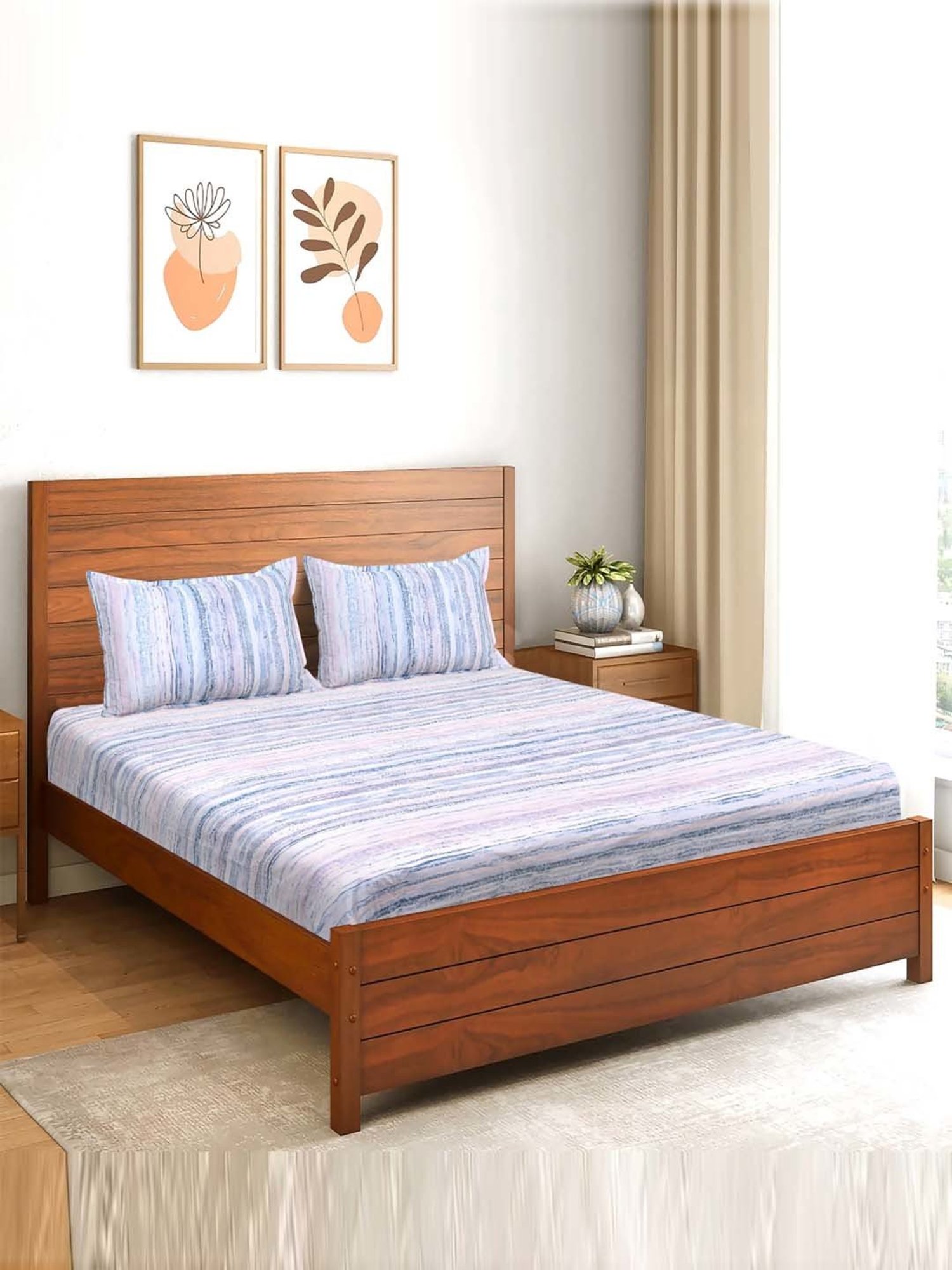 Saral Home Rive Blue 200 TC Microfiber Soft Queen Bedsheet with 2 Pillow Covers