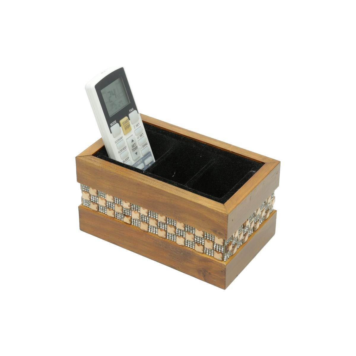 WoodArt Wooden Remote Control Holder - Caddy for Desk, Office, Pens, Pencils, Makeup Brushes, Vanity, Nightstand (3 compartments, Brown with Ornate Stones)