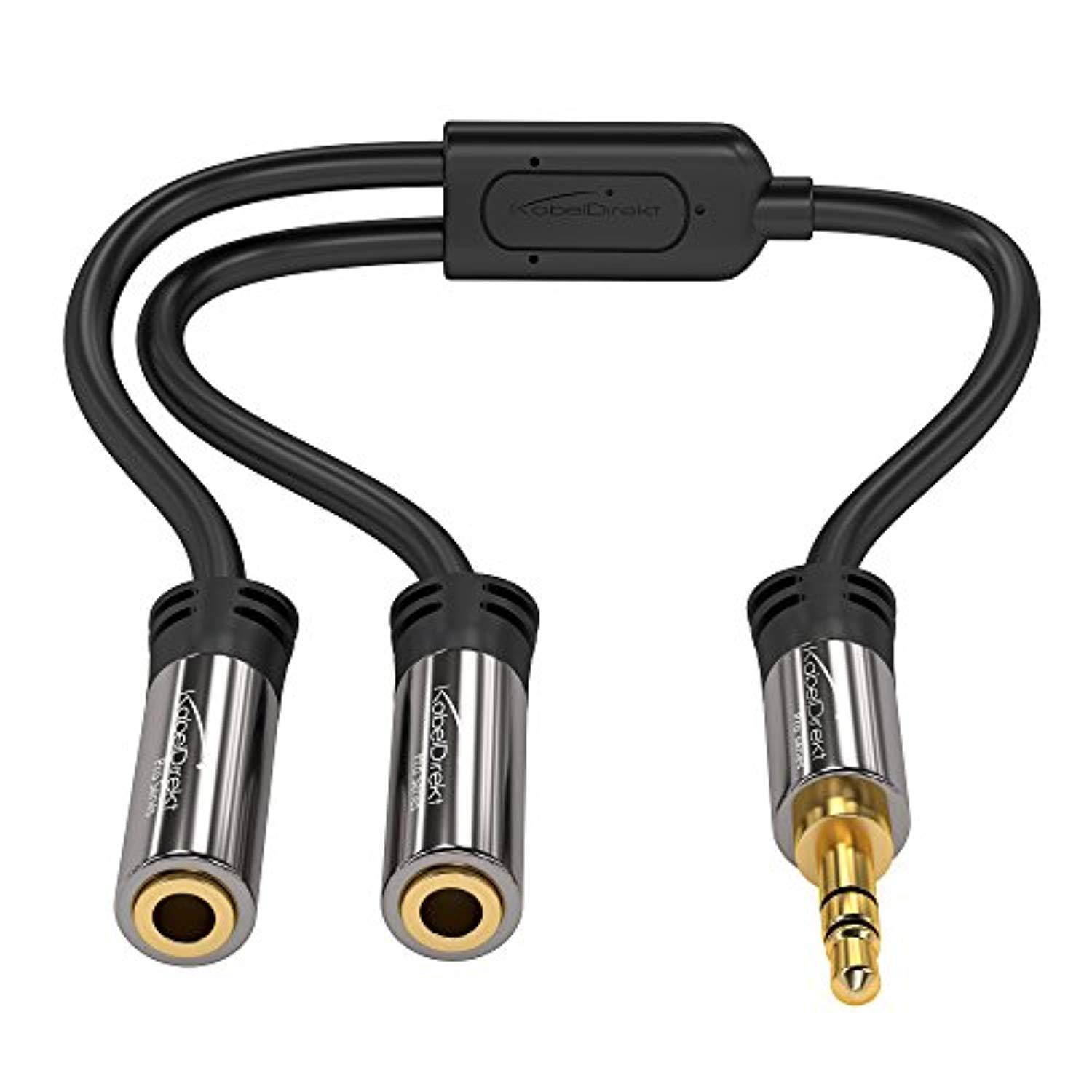kabeldirekt pro series y stereo splitter  1 x 3.5mm male to 2 x 3.5mm female  y cable splitter produces equal audio output for headphones, earphones, and speakers 0.5ft, black