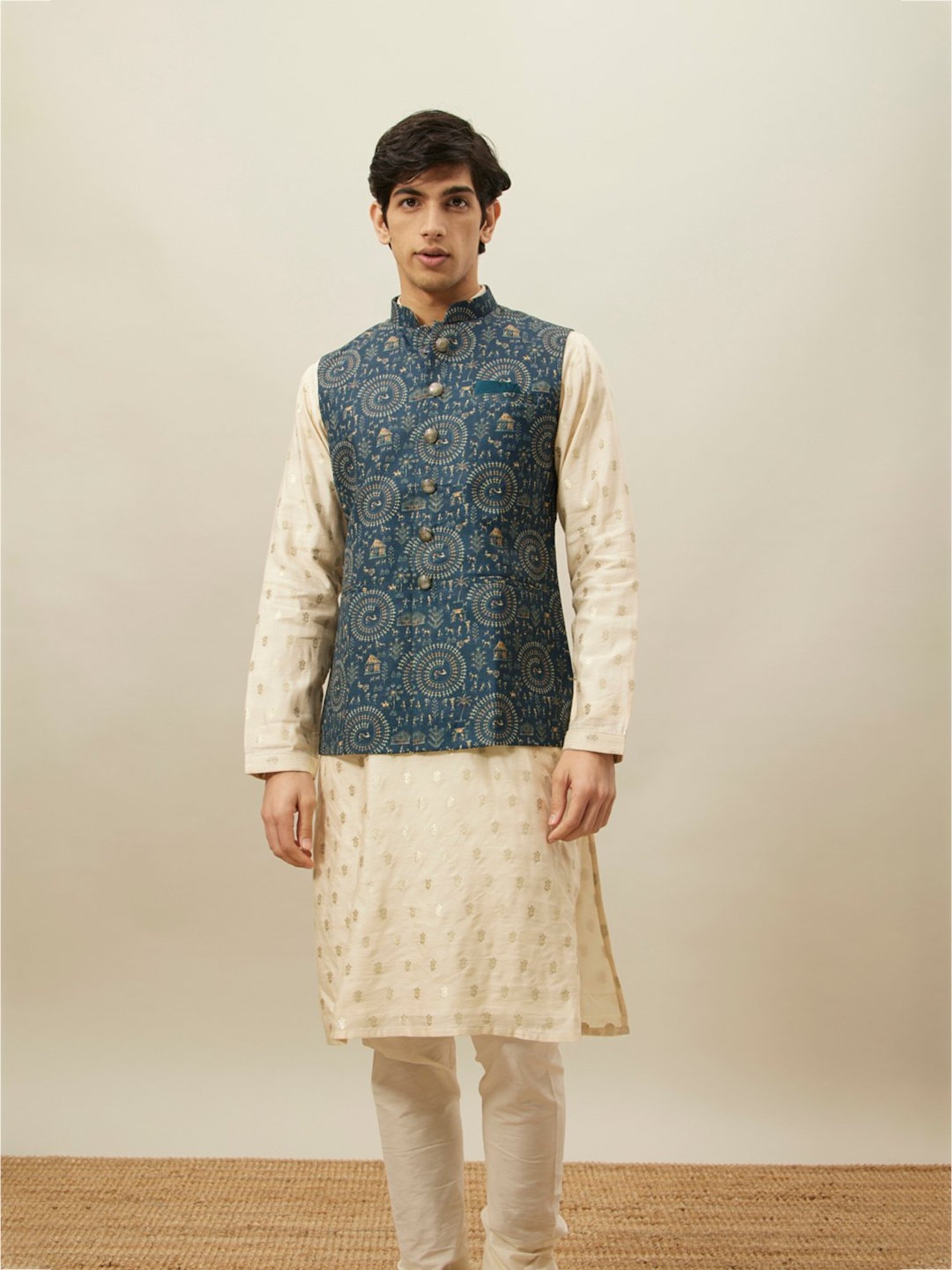 Manyavar Blue Regular Fit Printed Nehru Jacket