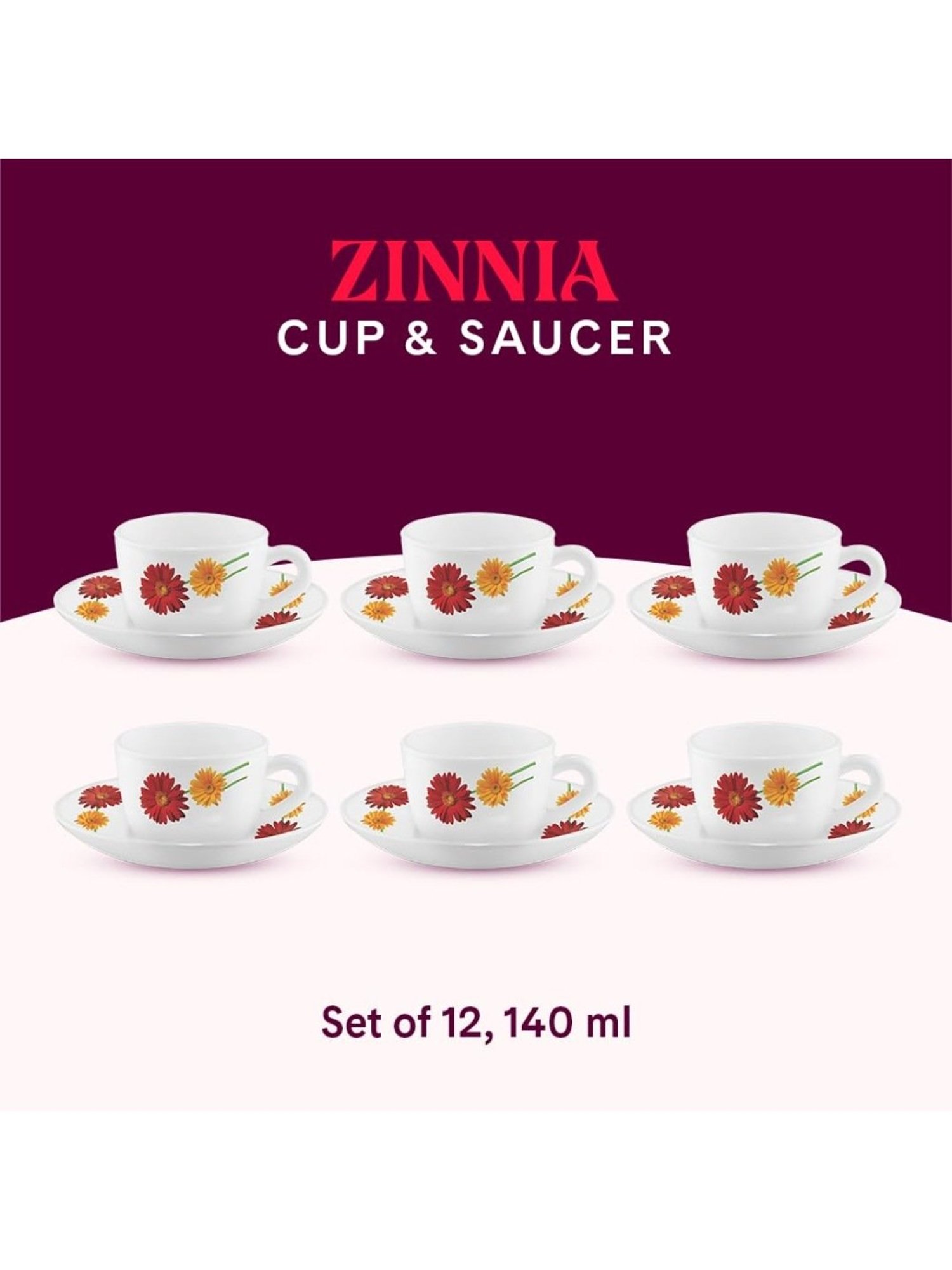 Larah by Borosil White Ceramic Opalware Cup and Saucer Set of 12 140ml