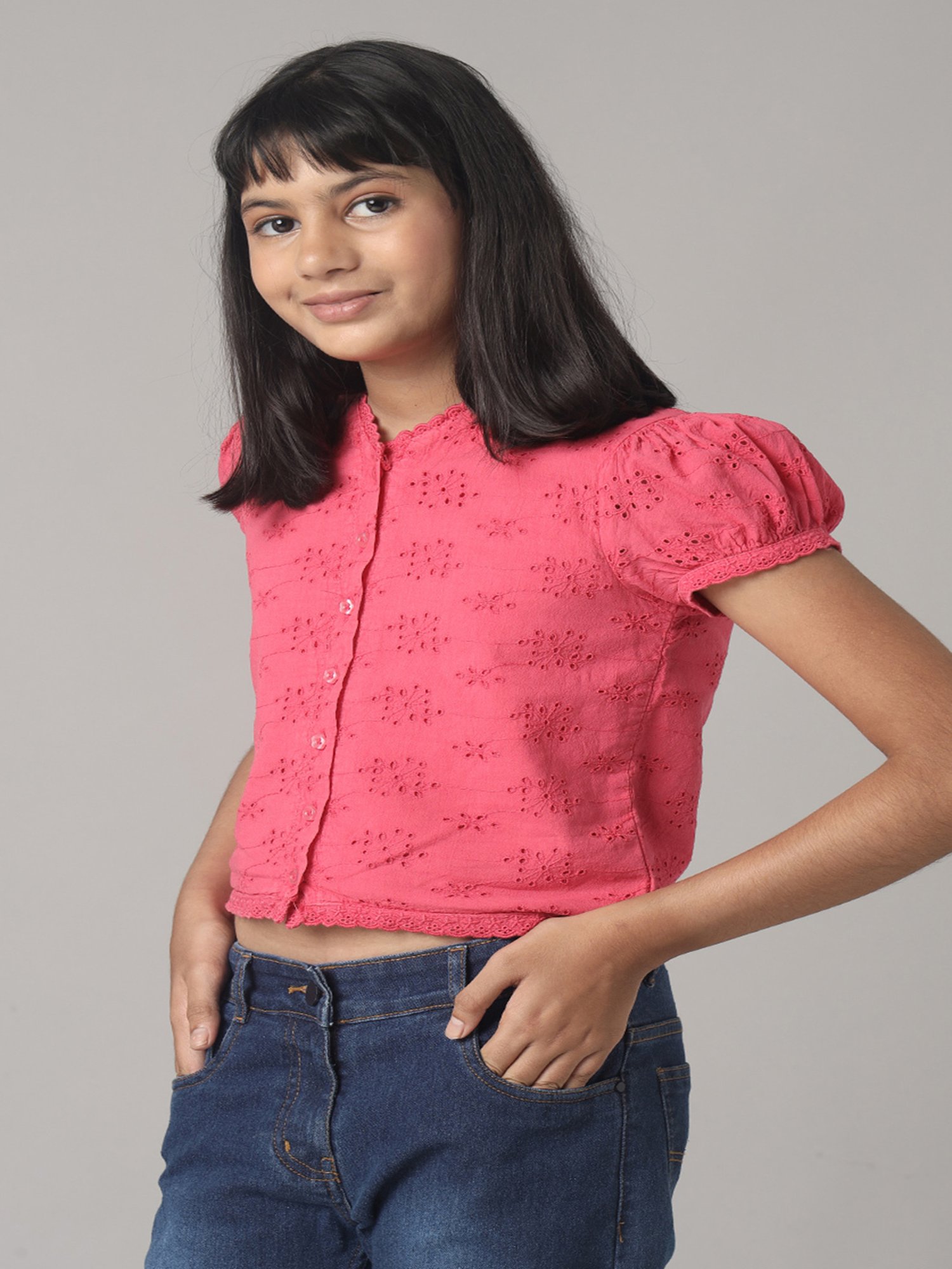 Under Fourteen Only Kids Pink Self Design Crop Top