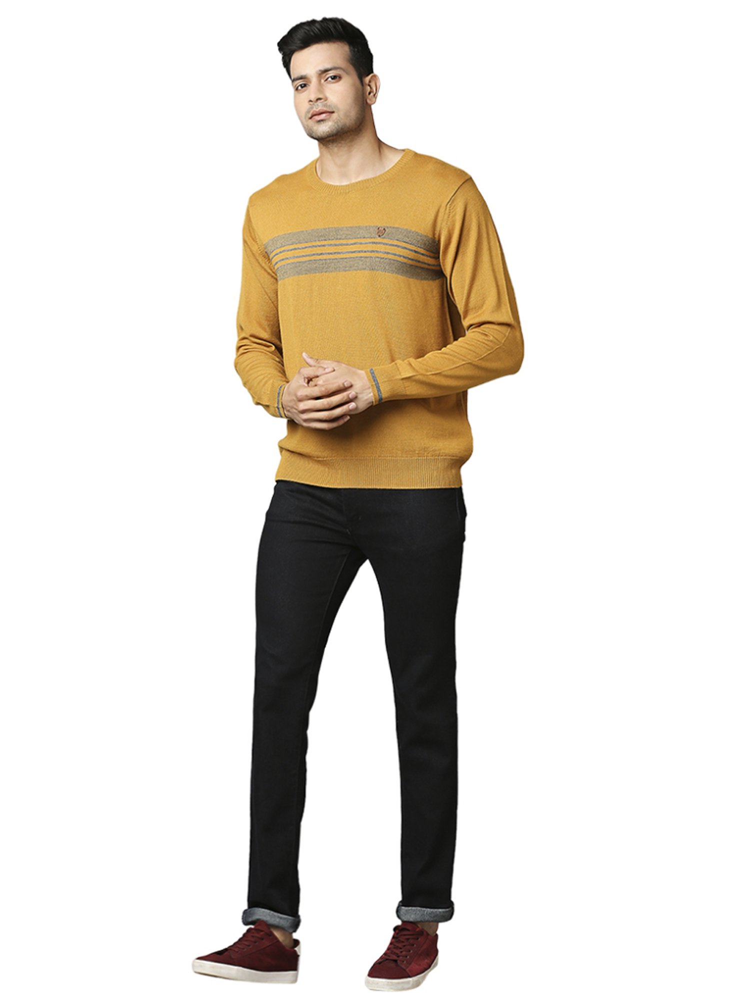 Raymond Yellow  Regular Fit Striped Sweaters