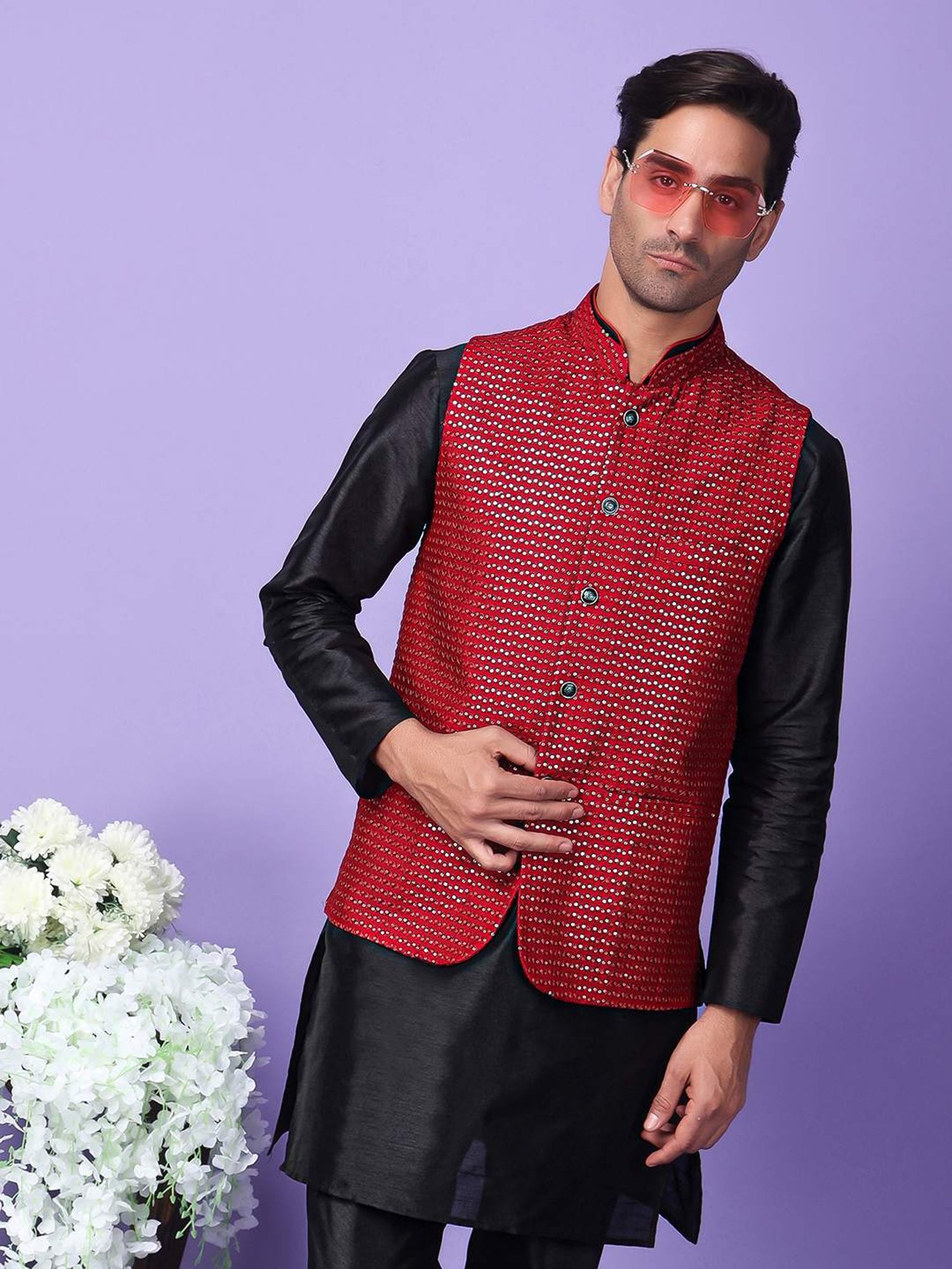 Hangup Maroon Regular Fit Embellished Nehru Jacket