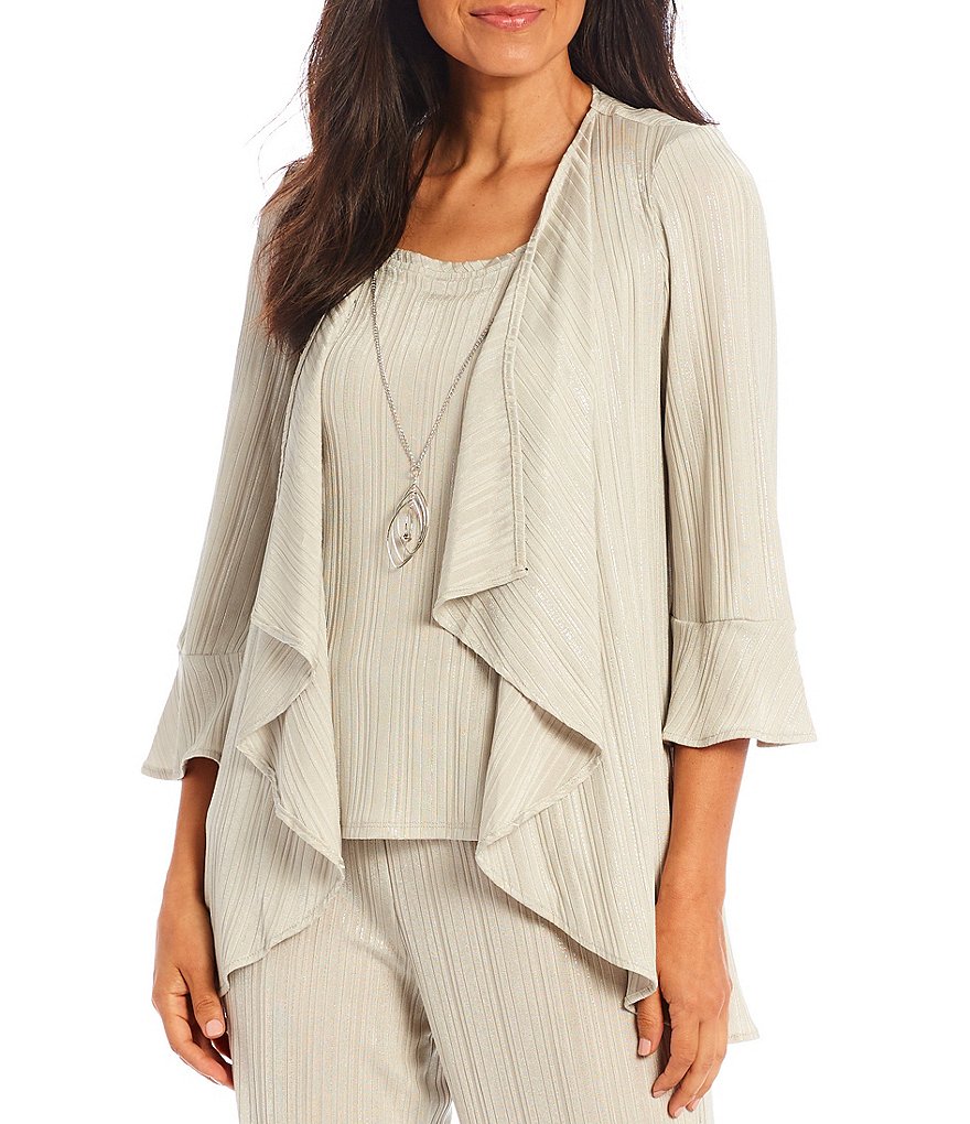 R & M Richards Pleated Foil Knit Flyaway 3/4 Sleeve Scoop Neck Jacket 3-Piece Pantsuit