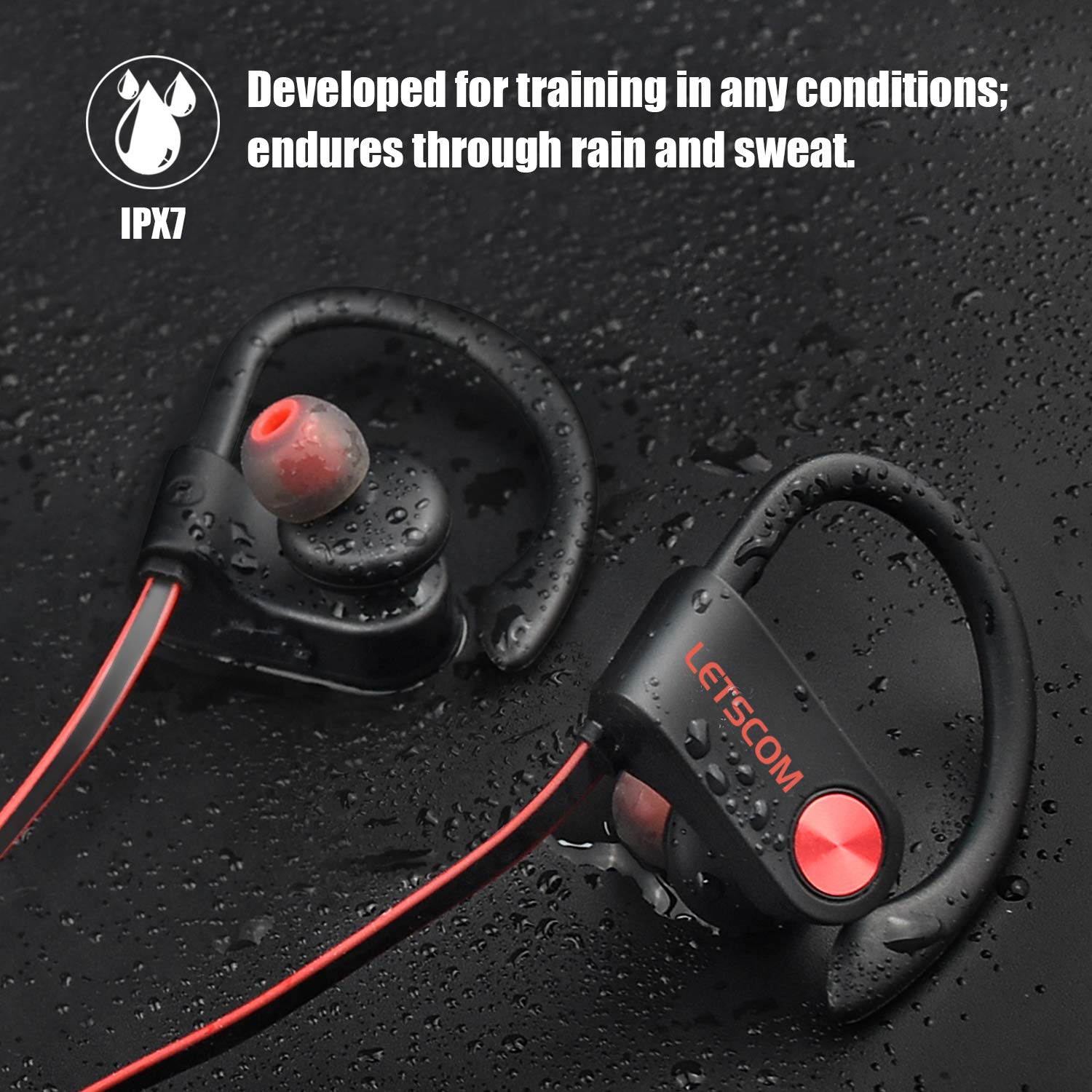 Bluetooth Headphones IPX7 Waterproof, Wireless Sport Earphones, HiFi Bass Stereo Sweatproof Earbuds w/Mic, Noise Cancelling Headset for Workout, Running, Gym, 8 Hours Play Time