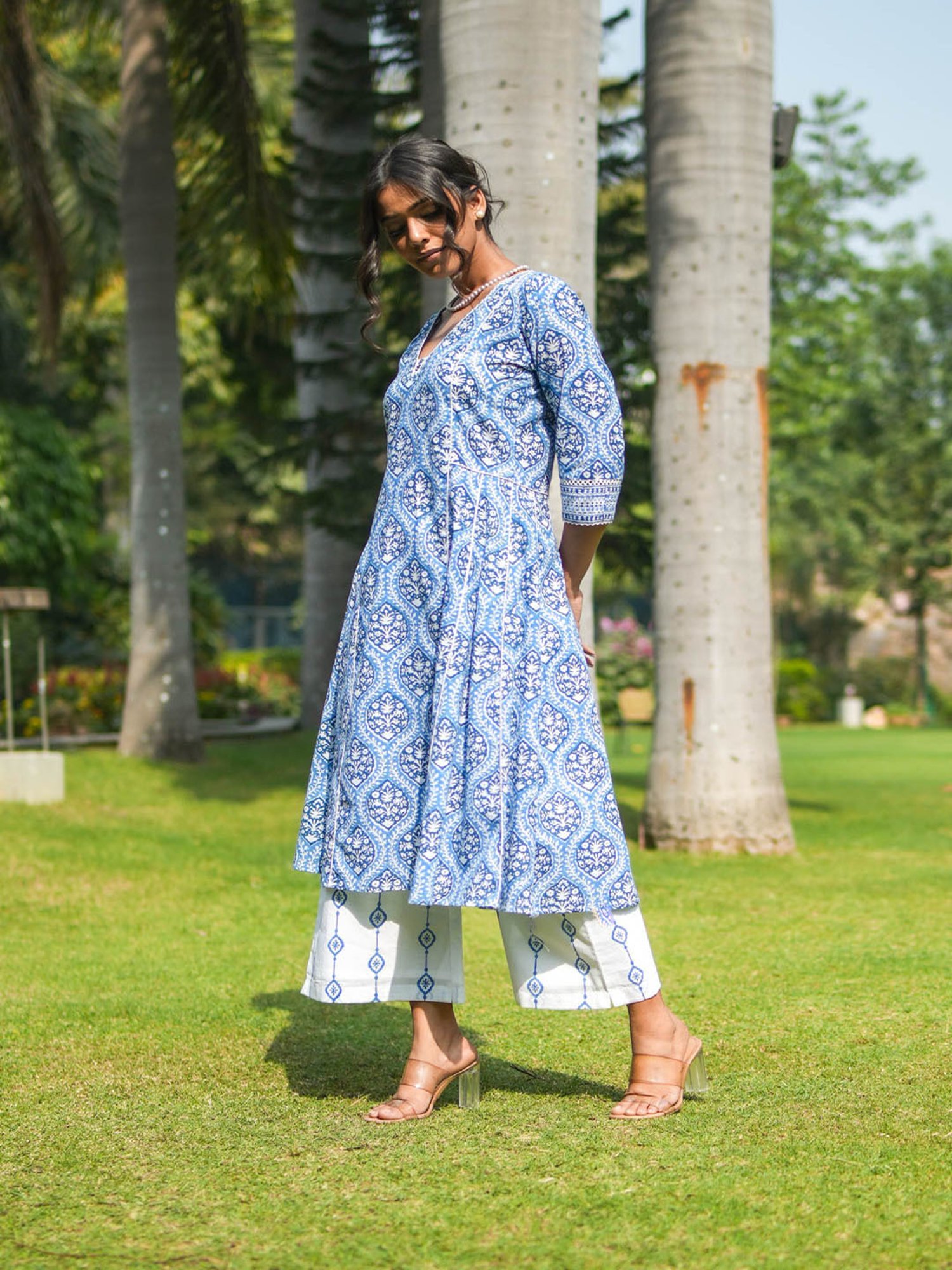 Akiso Blue Hand Block Printed Flared Kurta Set With Hand Embroidery Detail ( Set Of 2 )