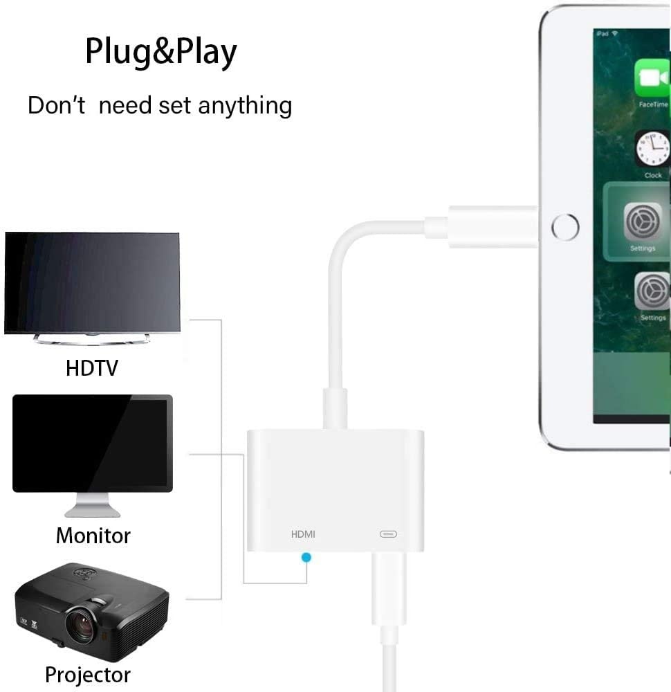 Apple Lightning Digital AV Adapter1080P Lightning to HDMI Cable Sync Screen HDMI Connector Need Charging Power Support iPhone 11 Pro/XR/Xs/X/8/7 PlusiPad to TV Projector Monitor Support All iOS