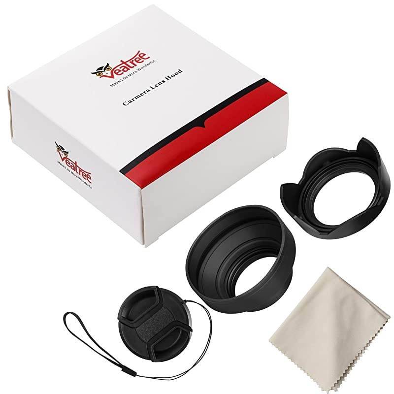 58mm Lens Hood Set Collapsible Rubber Lens Hood with Filter Thread + Reversible Tulip Flower Lens Hood + Center Pinch Lens Cap + Microfiber Lens Cleaning Cloth