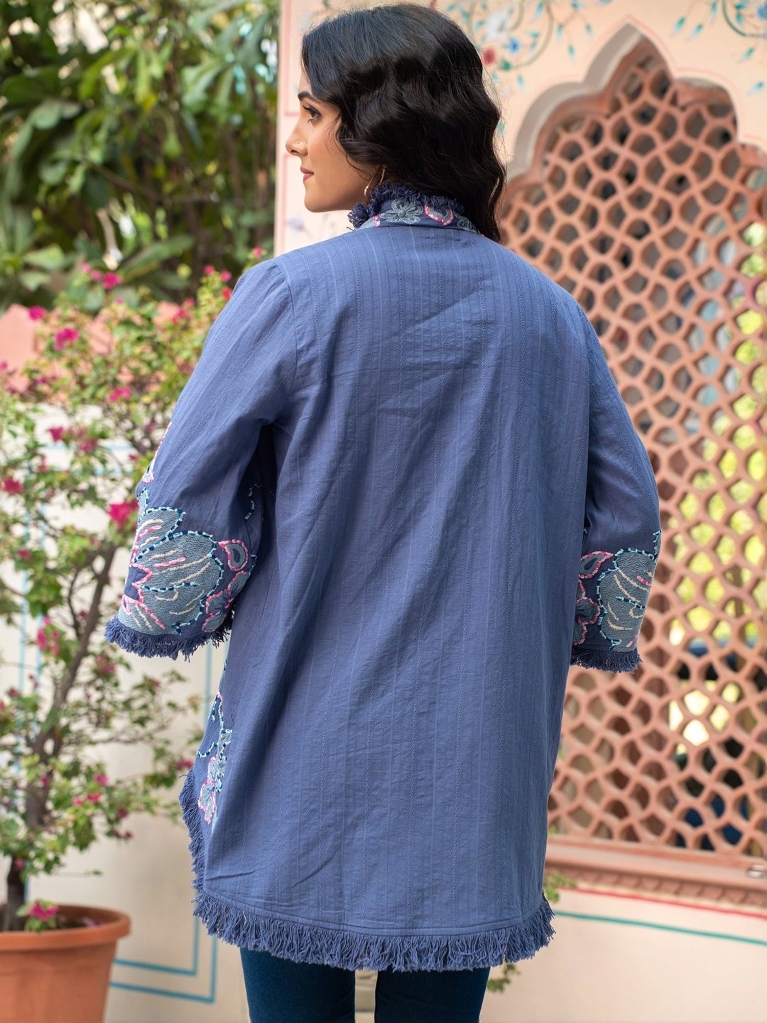 Zolo Label Blue Cotton Embroidered Jacket