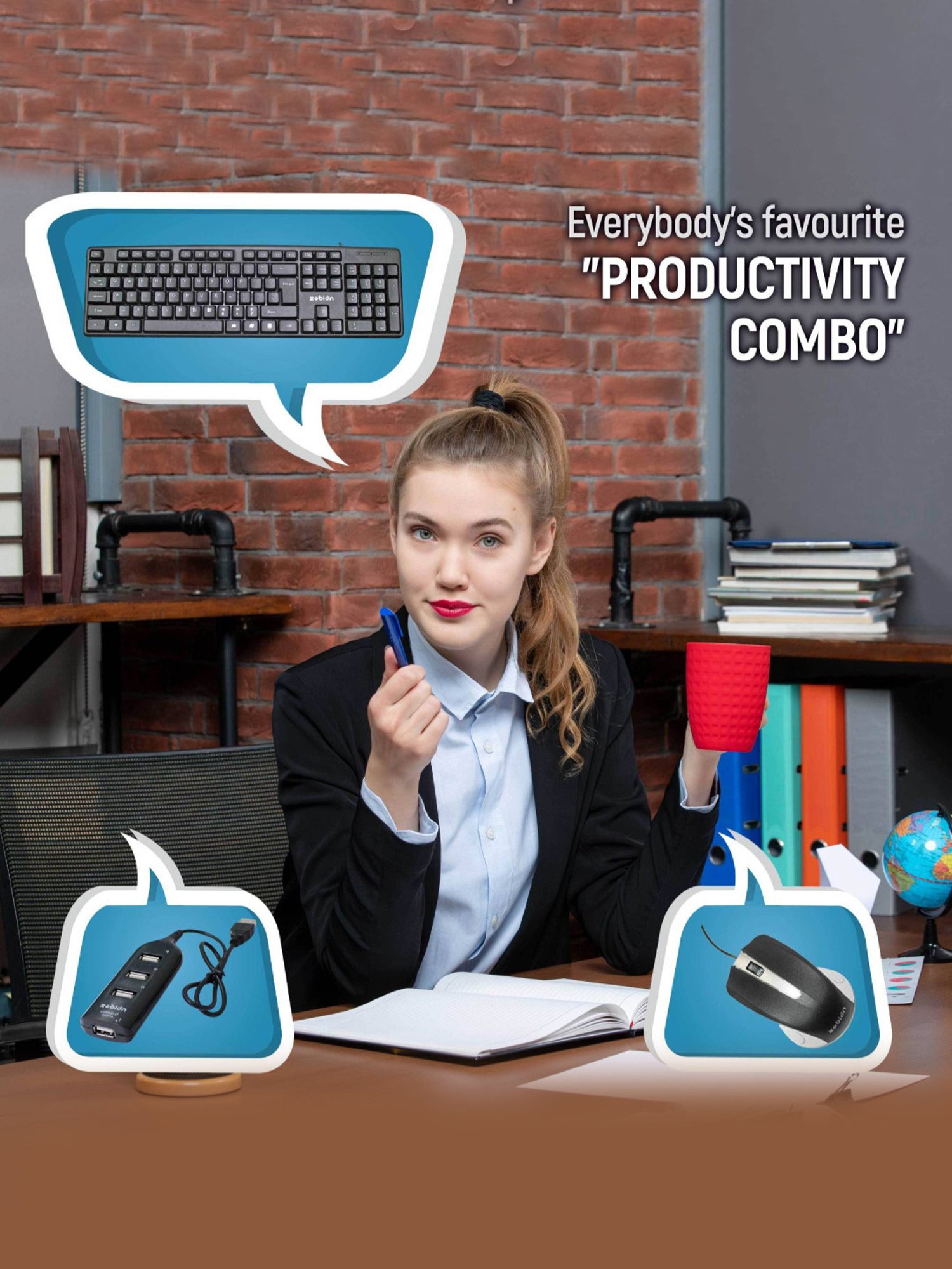 Zebion K500 Wired Keyboard, Rocky Wired Mouse Combo Set with Pronto 101 USB Hub (Black)