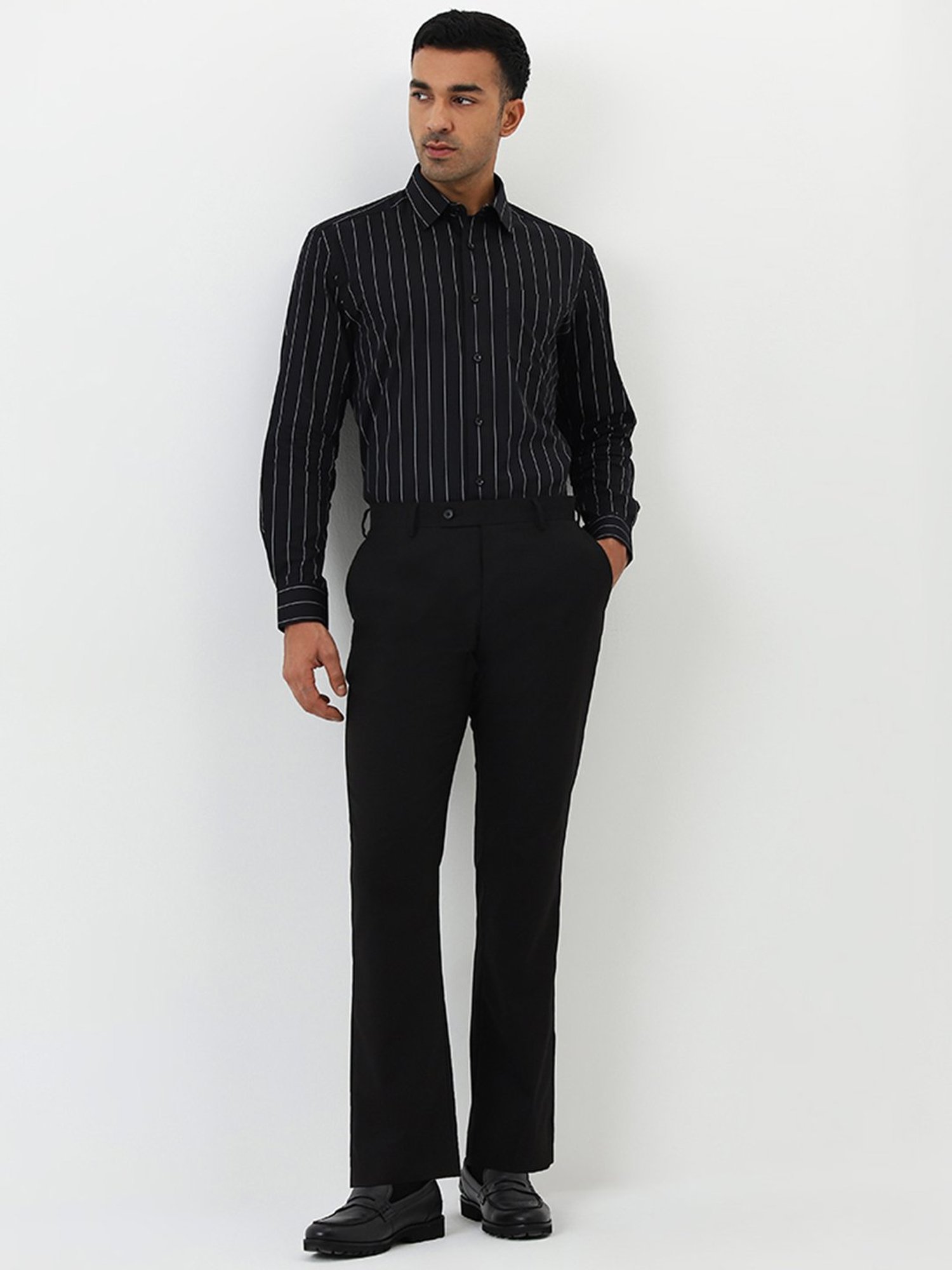 WES Formals by Westside Black Pinstriped Relaxed-Fit Cotton Shirt