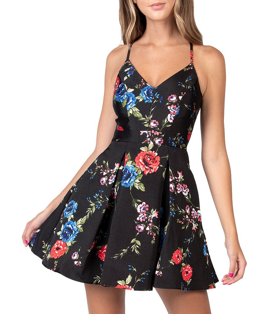 B. Darlin Sleeveless Floral-Printed Bralette-Back Fit-And-Flare Dress