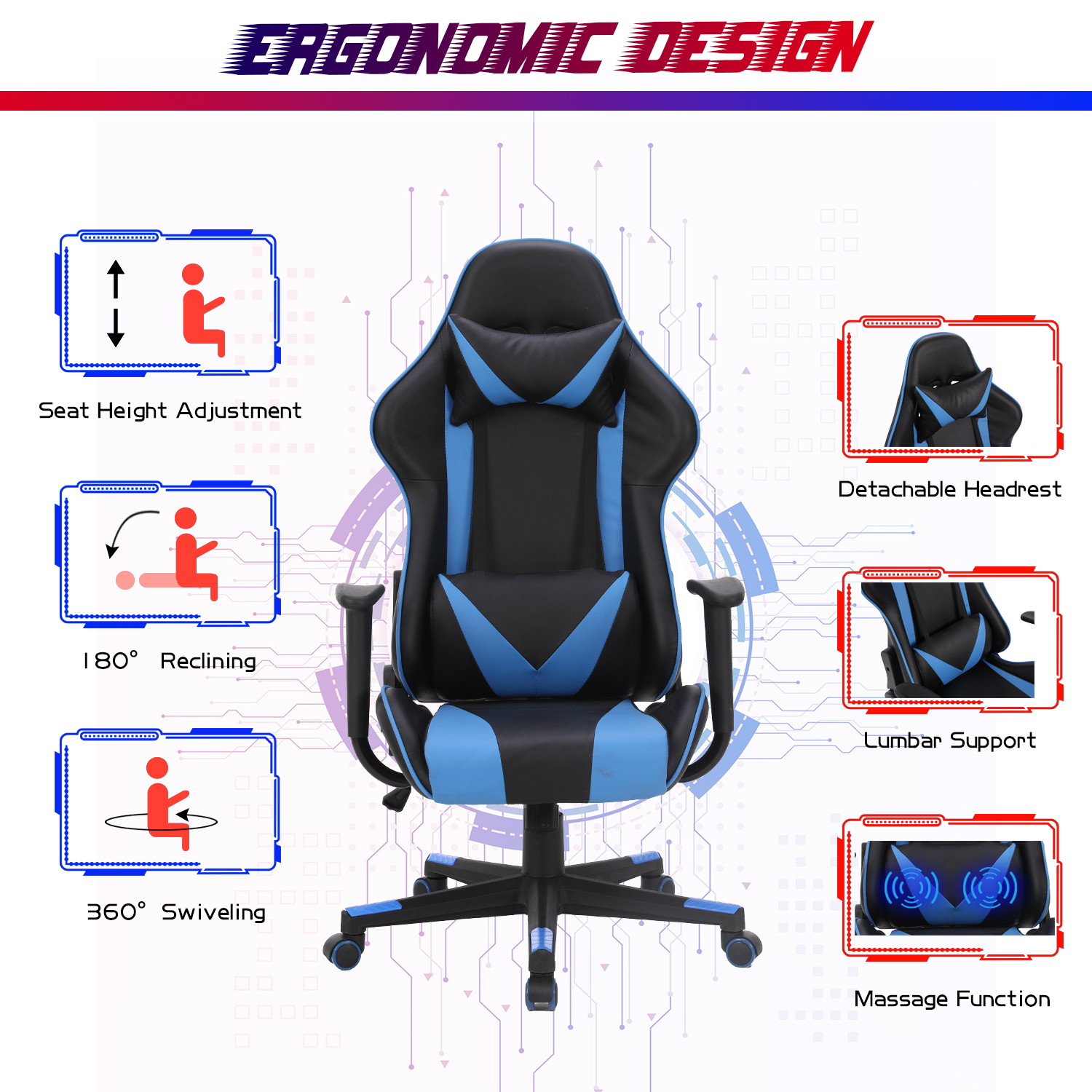 Racing Style Ergonomic Computer Gaming Chair Massage Chair with High-Back Swivel PU Leather, Seat Height Adjustable, and Lumbar & Head Support