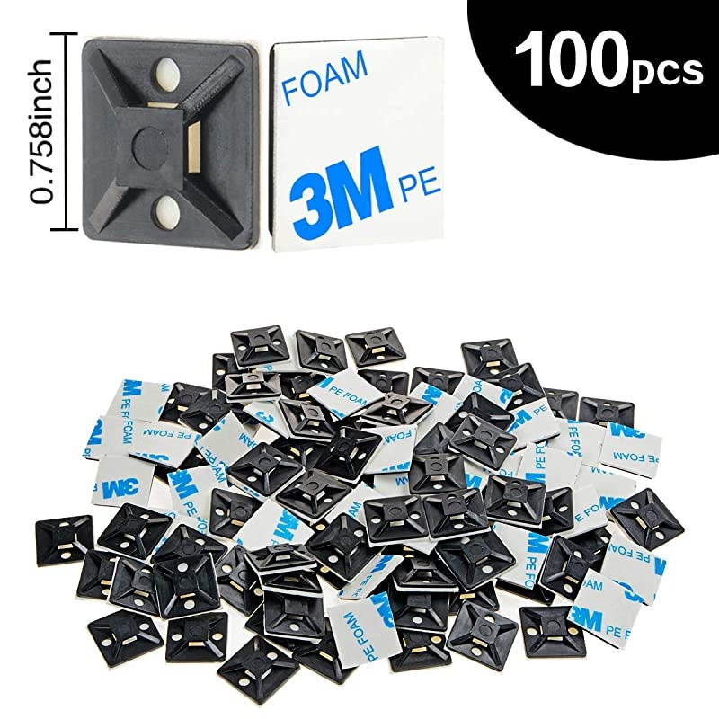 3/4" Adhesive Cable Zip Tie Mounts Self Wire Cable Clips Organizer Holders Anchor Wire Tie Downs Black