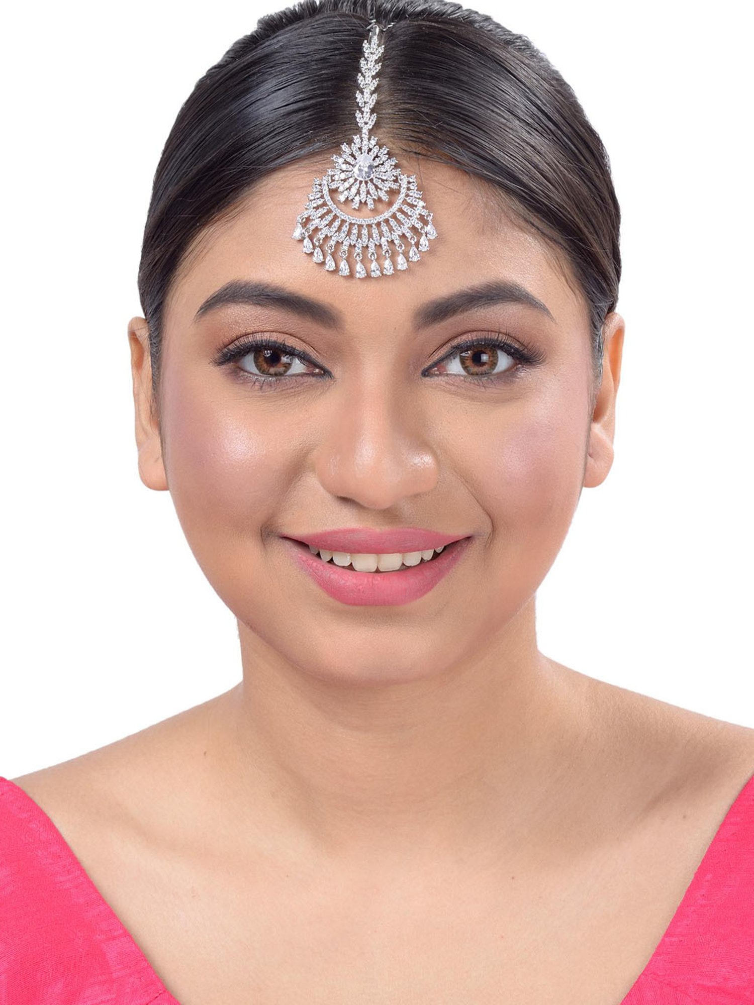 Saraf Rs Jewellery Chandbali Style Diamond Maang Tikka Silver Plated & Ad Studded For Women & Girls