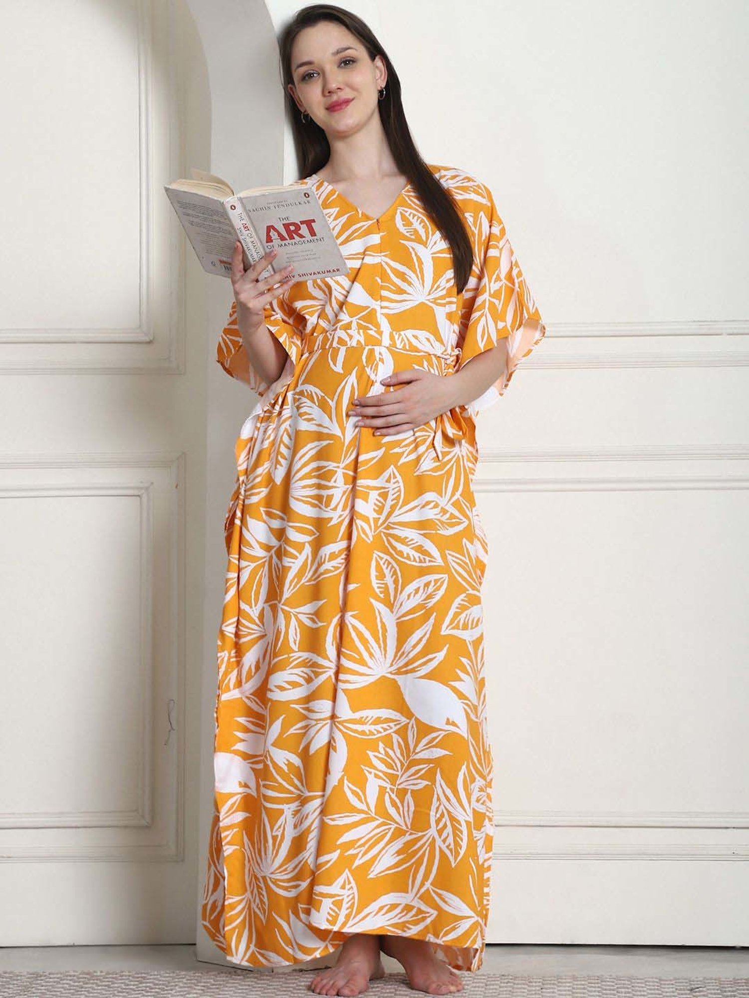 Secret Wish Yellow Rayon Floral Straight Kaftan