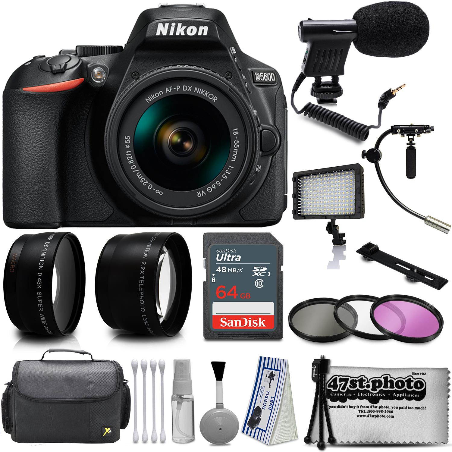 Nikon D5600 Digital SLR Camera Black with AF-P 18-55mm Lens + 64GB Videography Starter Accessories Bundle Kit