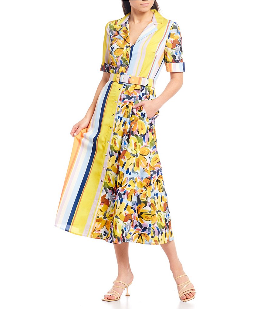 Badgley Mischka Stripe Floral Button Front Belted Midi Swing Dress