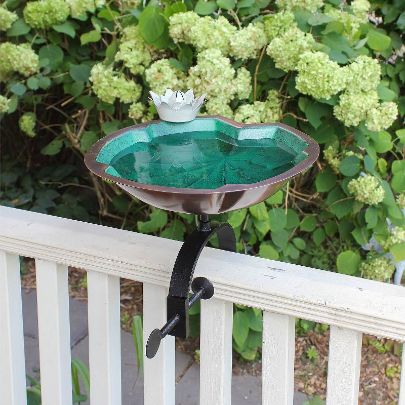 9.75" Lilypad Birdbath with White Flower and Over Rail Bracket Copper Plated Patina Finish - Achla Designs