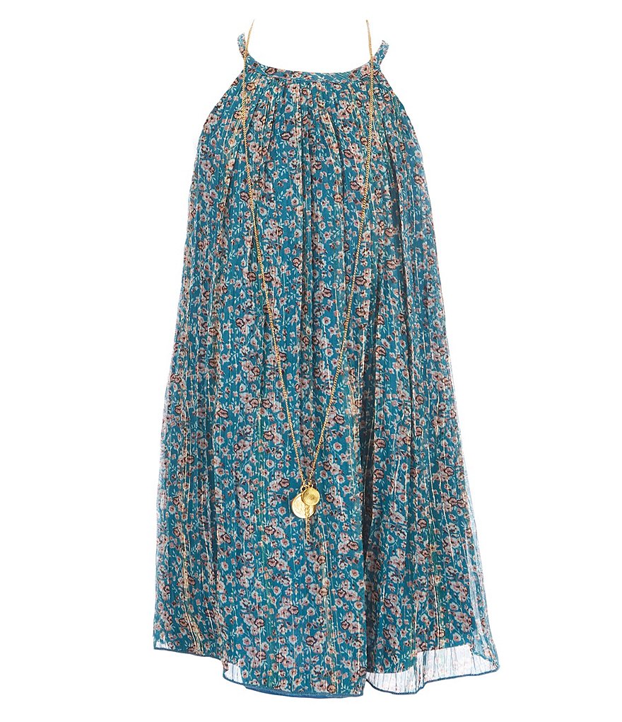 Rare Editions Little Girls 4-6X Denim Vest & Ditsy Print Pleated Chiffon Dress Set