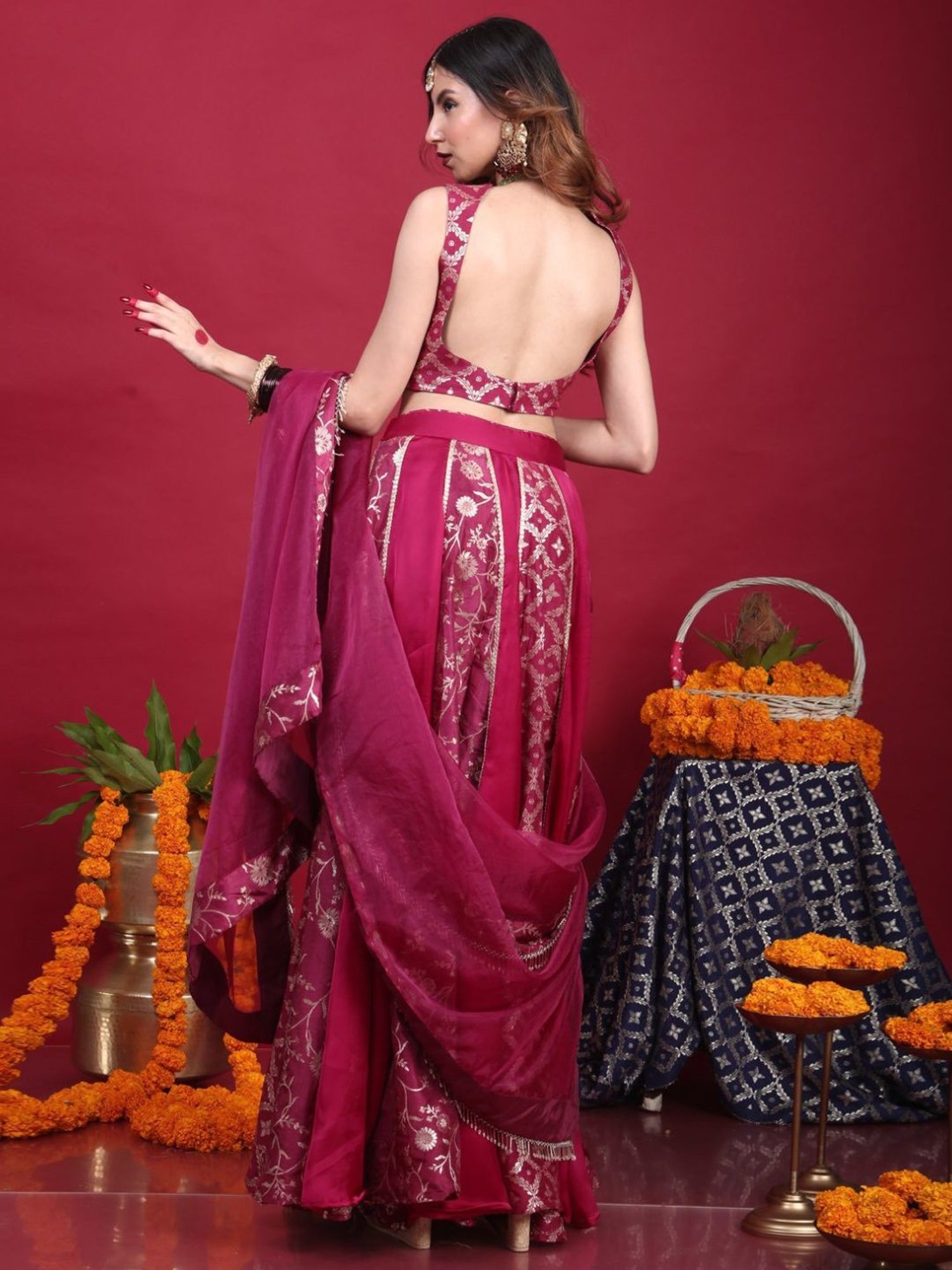 Monk and Mei Kora Kashi Plum Purple Leela-Brocade Lehenga Set