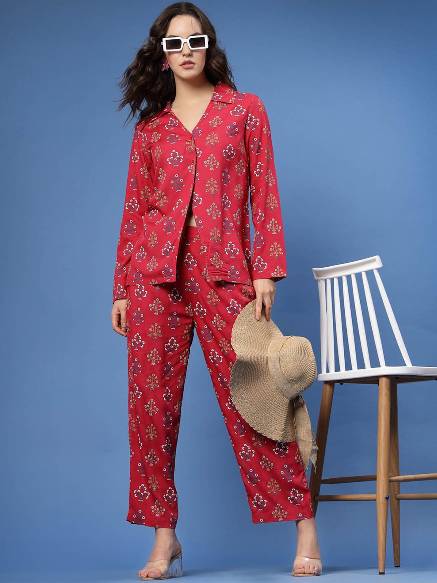 Melon by PlusS Red Floral Print Shirt With Trousers