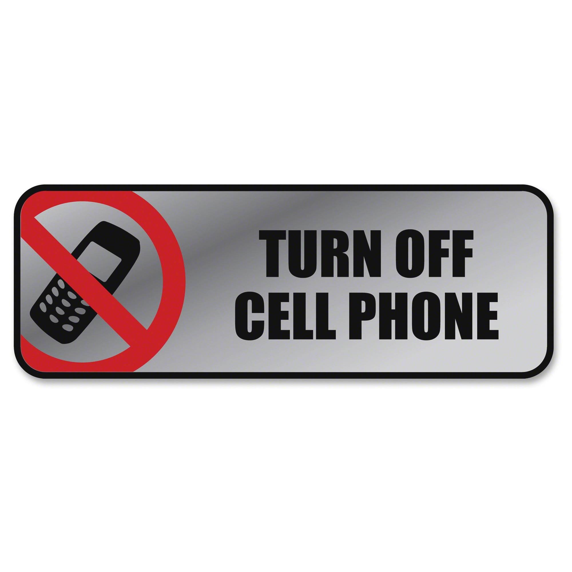 COSCO 098211 Brushed Metal Office Sign, Turn Off Cell Phone, 9 x 3, Silver/Red