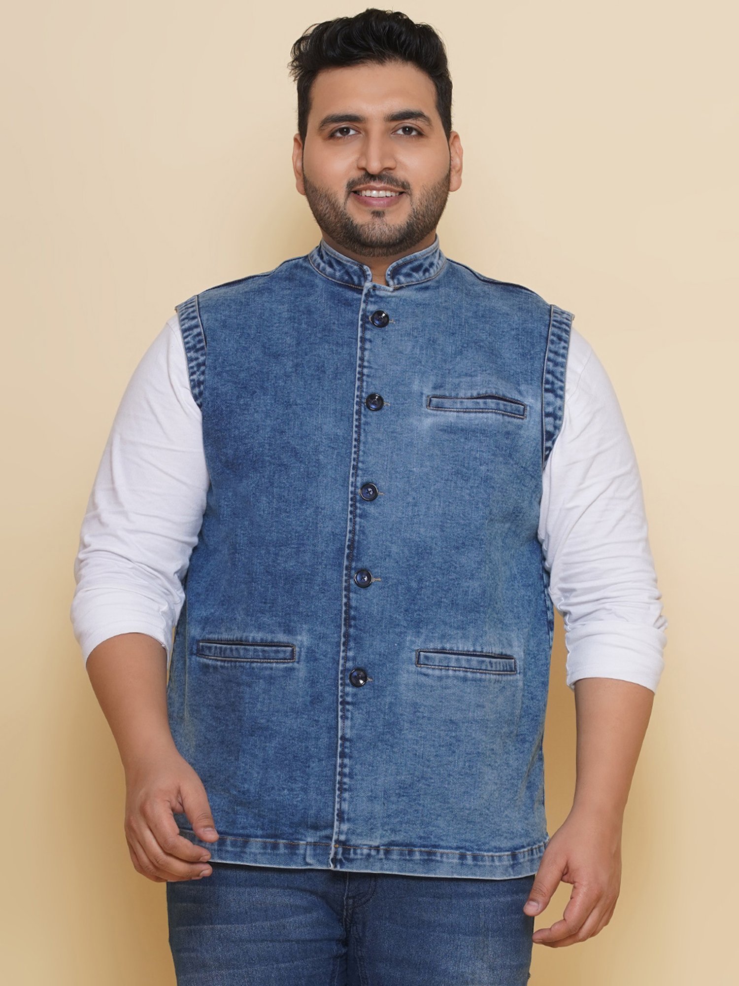 John Pride Light Blue Regular Fit Denim Nehru Jacket