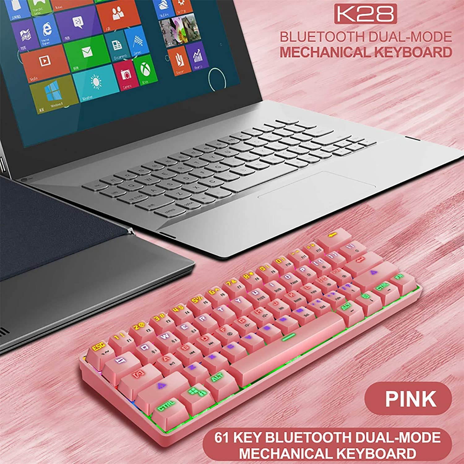 CUUWE K28 Wireless Bluetooth 61-Key Dual-Mode RGB Backlit Waterproof Mechanical Gaming Keyboard - Office Keyboard -Gaming Keyboard