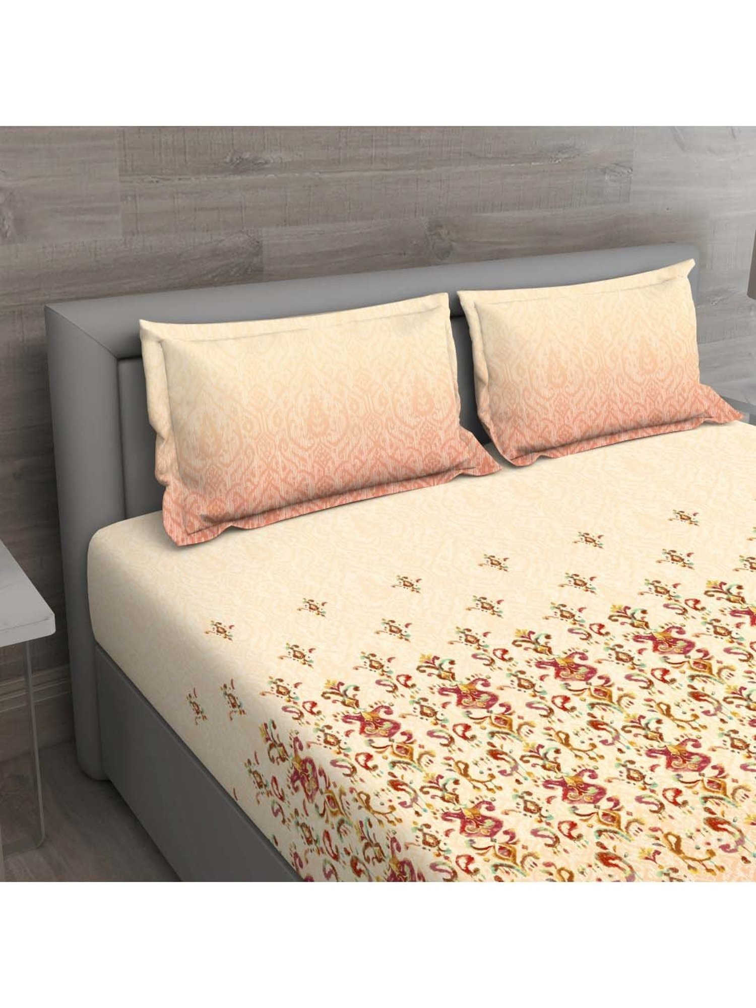 GM 'Matthiola' Beige & Red Cotton 150 TC Double Bedsheet with 2 Pillow Covers