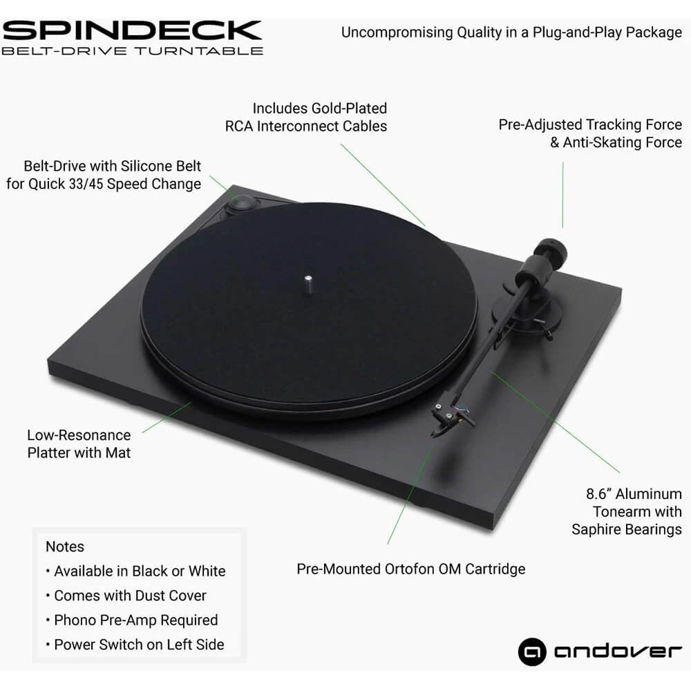 Andover Audio Spindeck Plug-and-Play Turntable with Ortofon OM Cartridge (Black)
