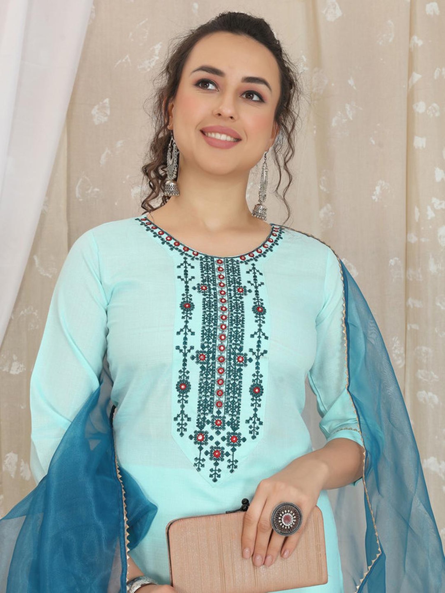Skylee Turquoise Embroidered Kurta Pant Set With Dupatta